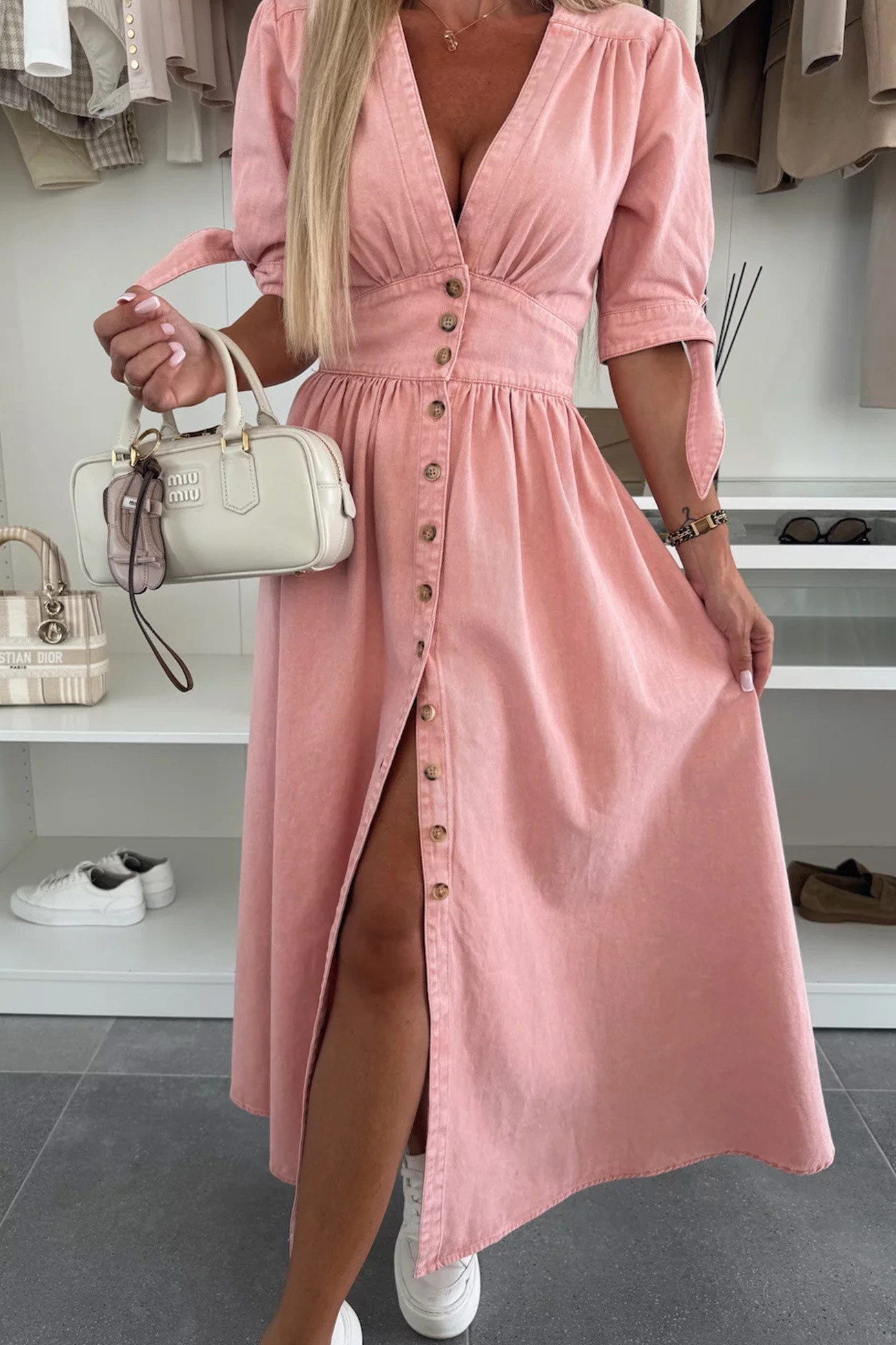 V-neck Single-breasted Denim Dress