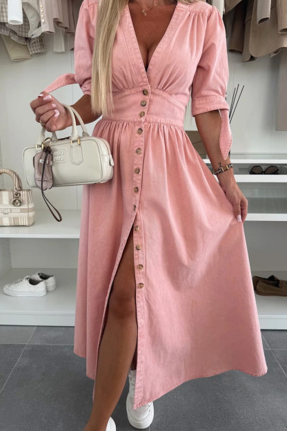 V-neck Single-breasted Denim Dress