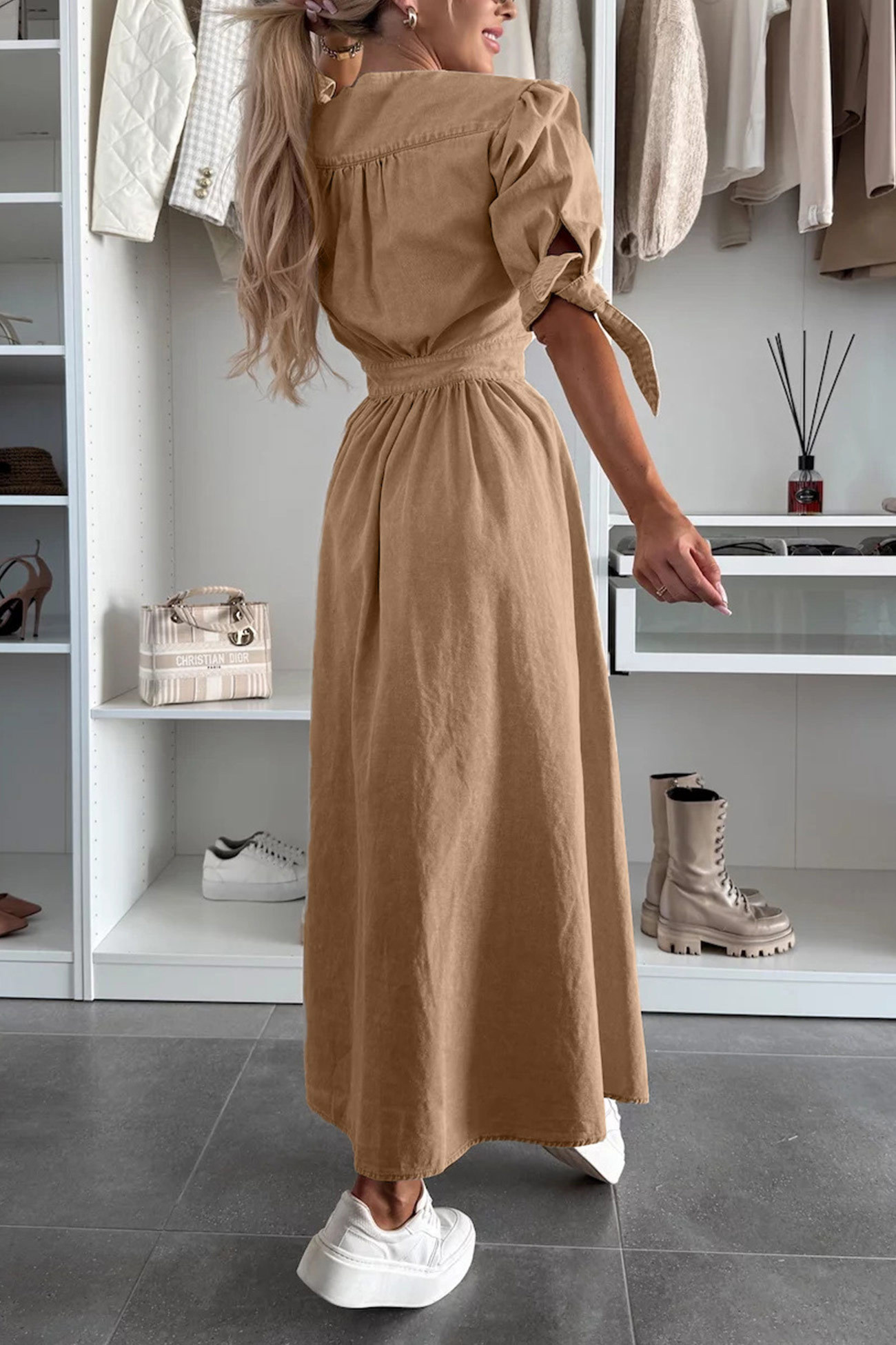 V-neck Single-breasted Denim Dress