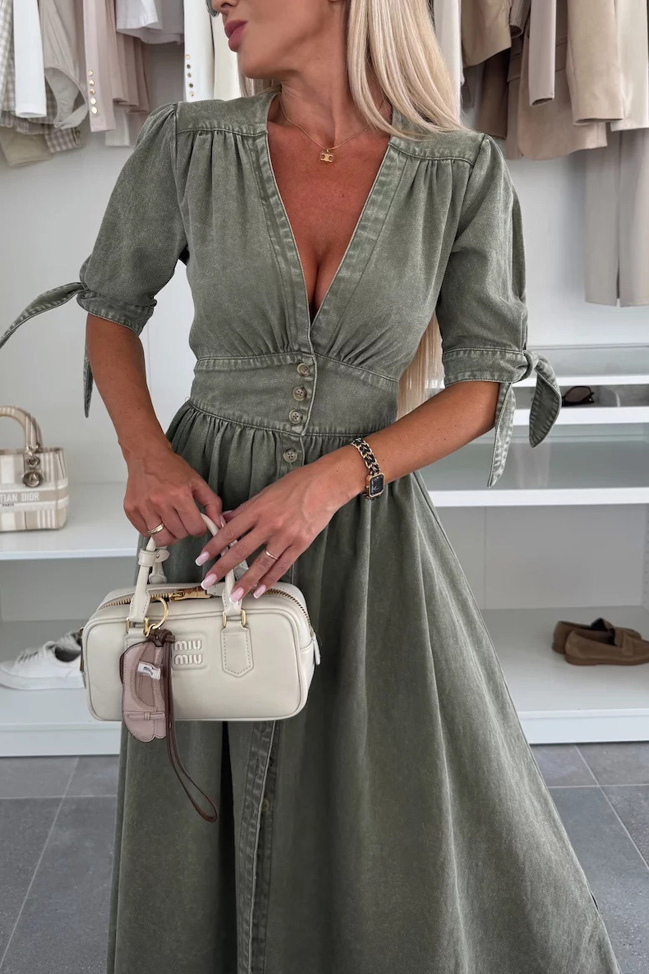 V-neck Single-breasted Denim Dress