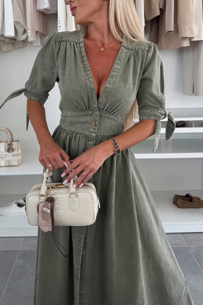 V-neck Single-breasted Denim Dress