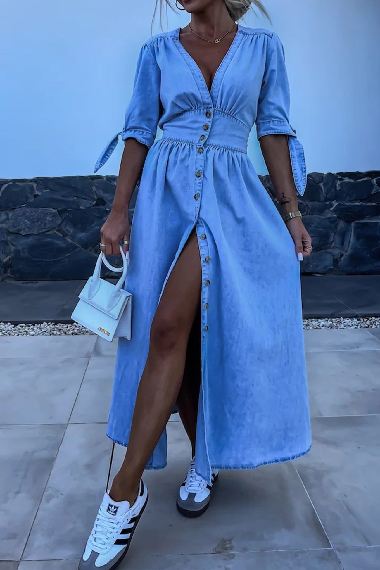 V-neck Single-breasted Denim Dress