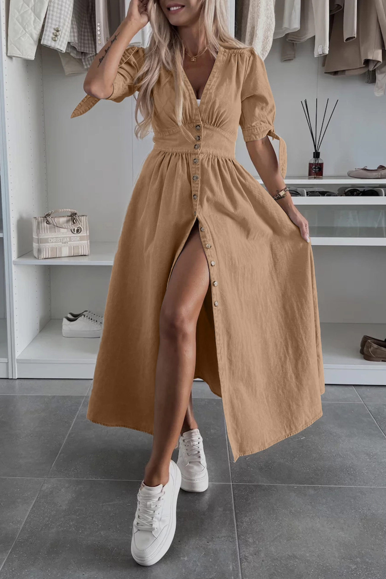 V-neck Single-breasted Denim Dress