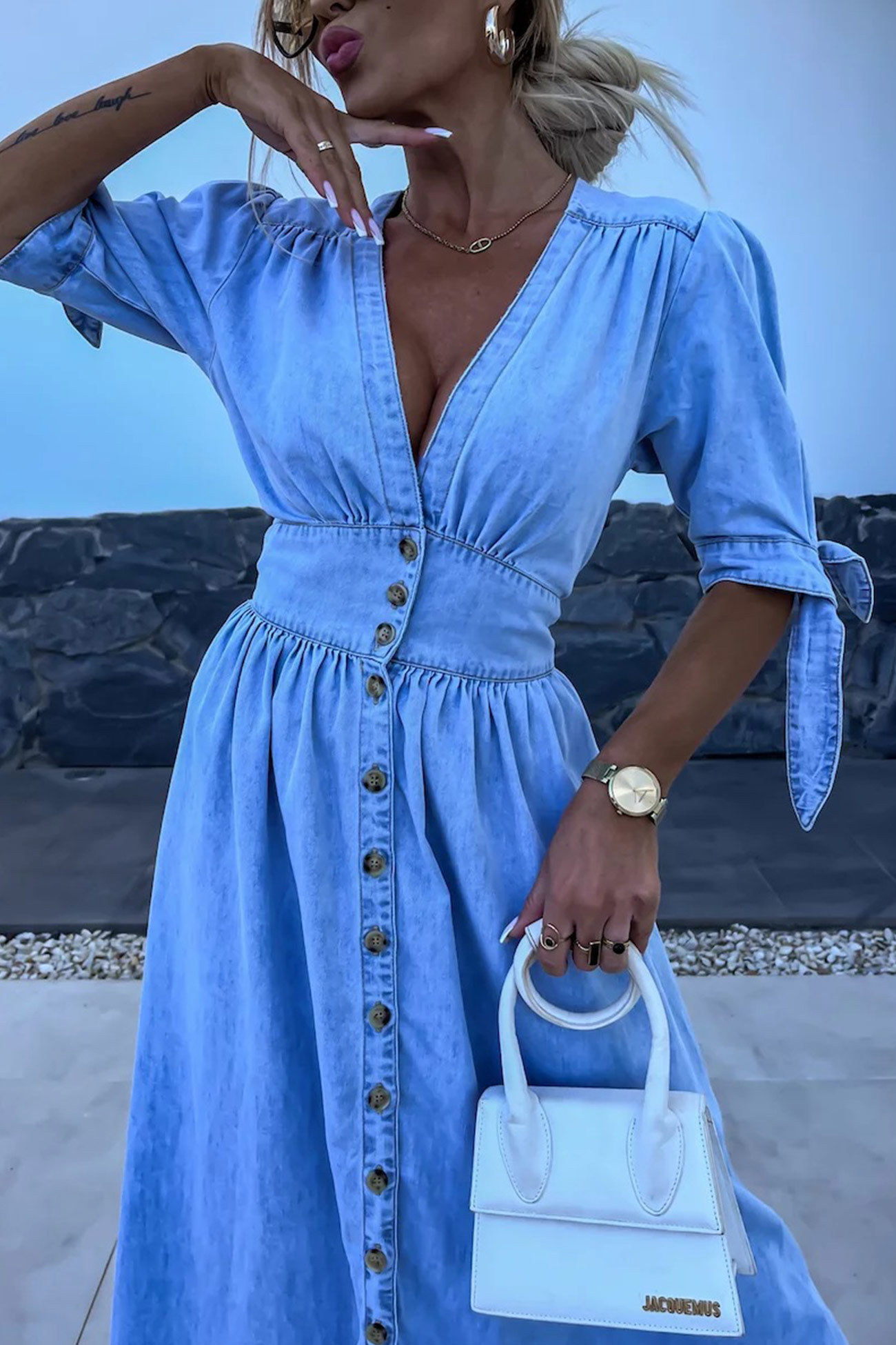 V-neck Single-breasted Denim Dress