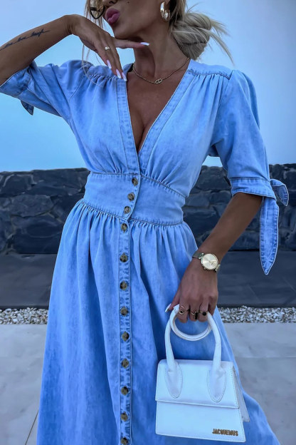 V-neck Single-breasted Denim Dress
