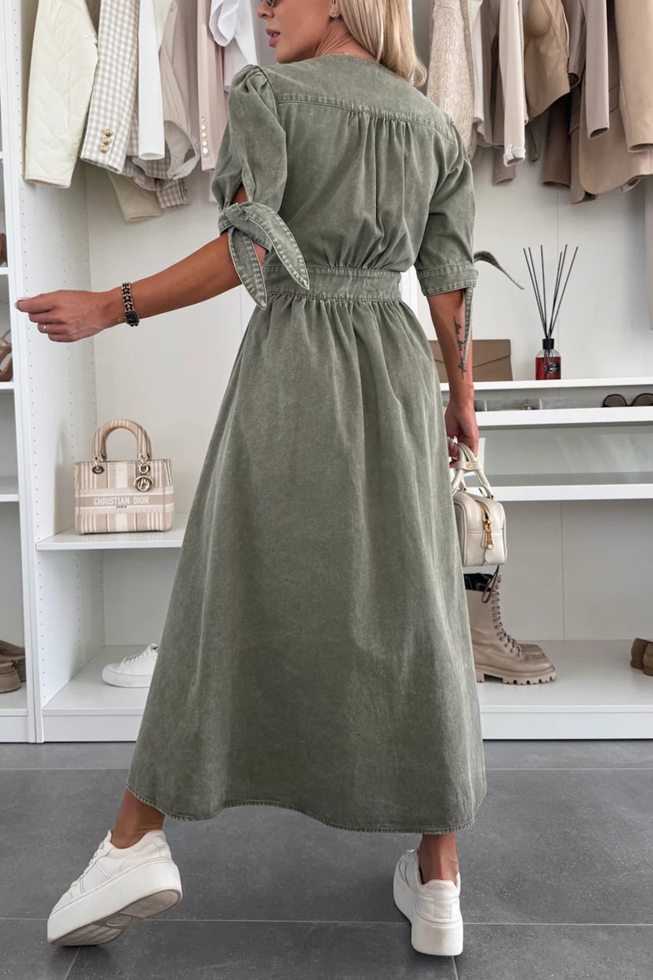 V-neck Single-breasted Denim Dress