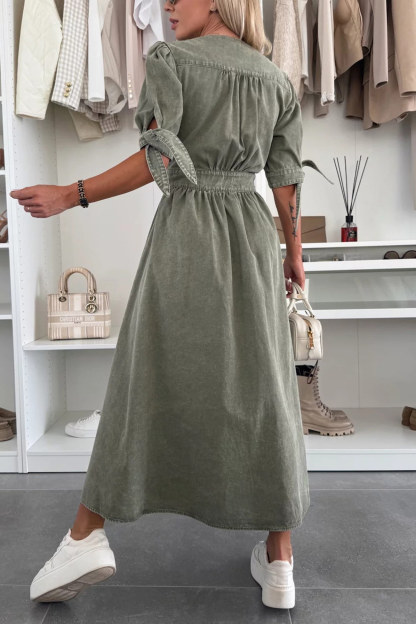 V-neck Single-breasted Denim Dress
