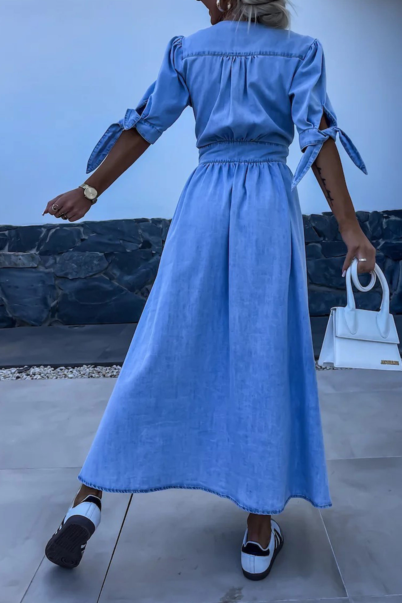 V-neck Single-breasted Denim Dress