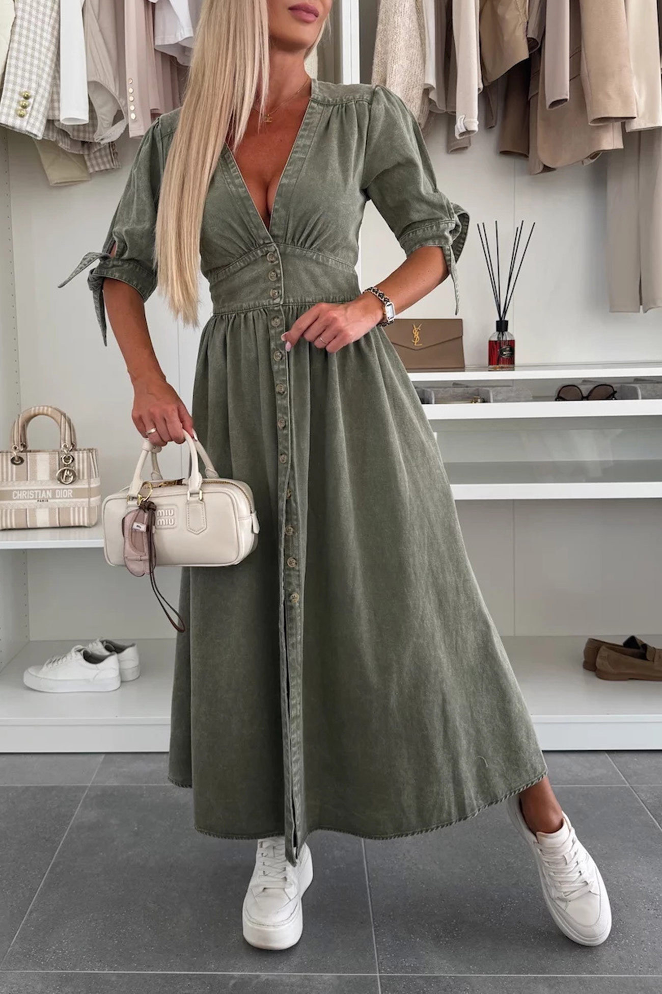 V-neck Single-breasted Denim Dress