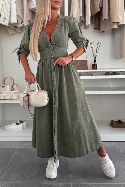 V-neck Single-breasted Denim Dress