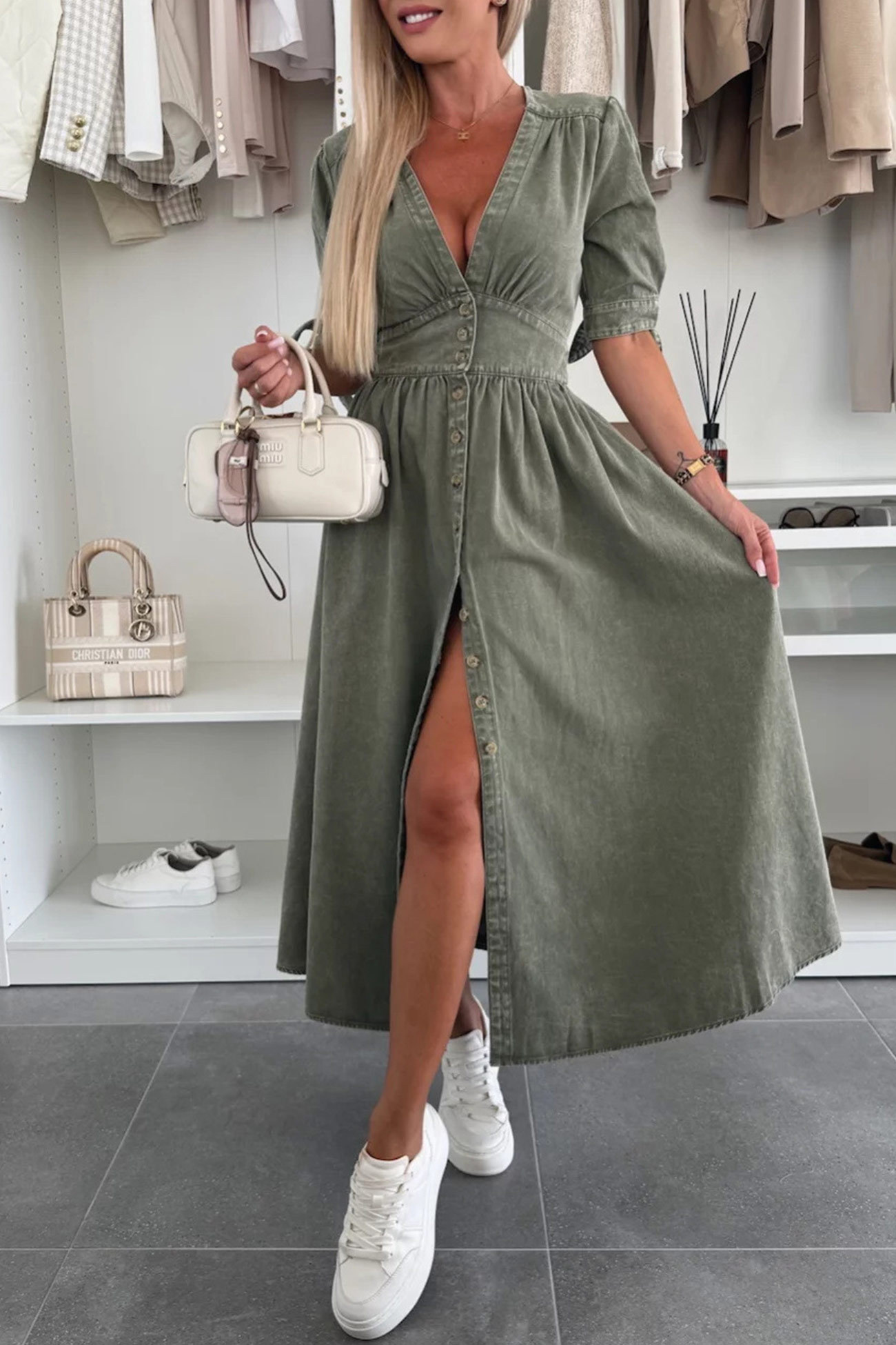 V-neck Single-breasted Denim Dress