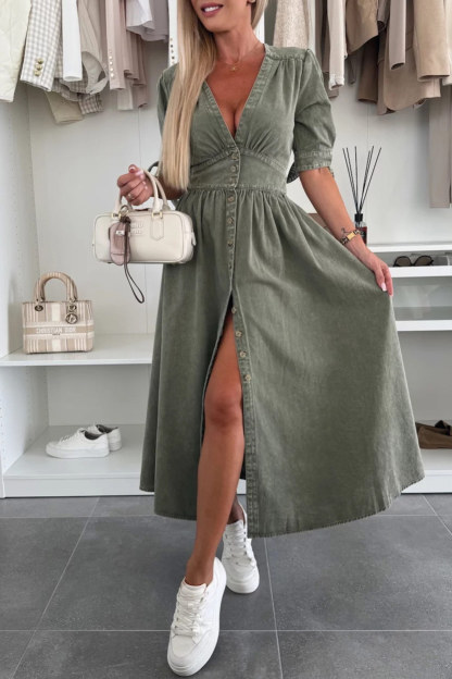 V-neck Single-breasted Denim Dress