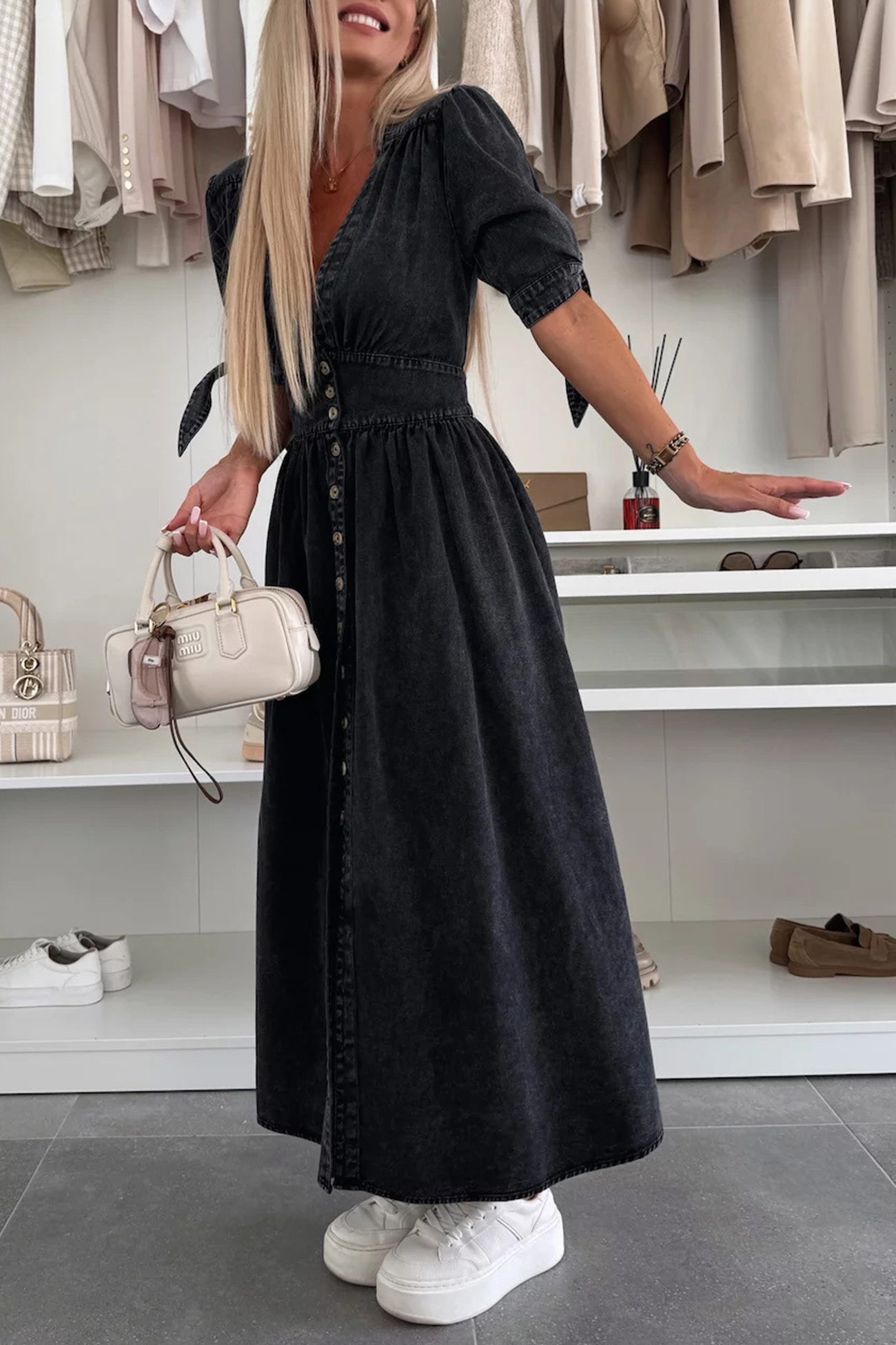 V-neck Single-breasted Denim Dress