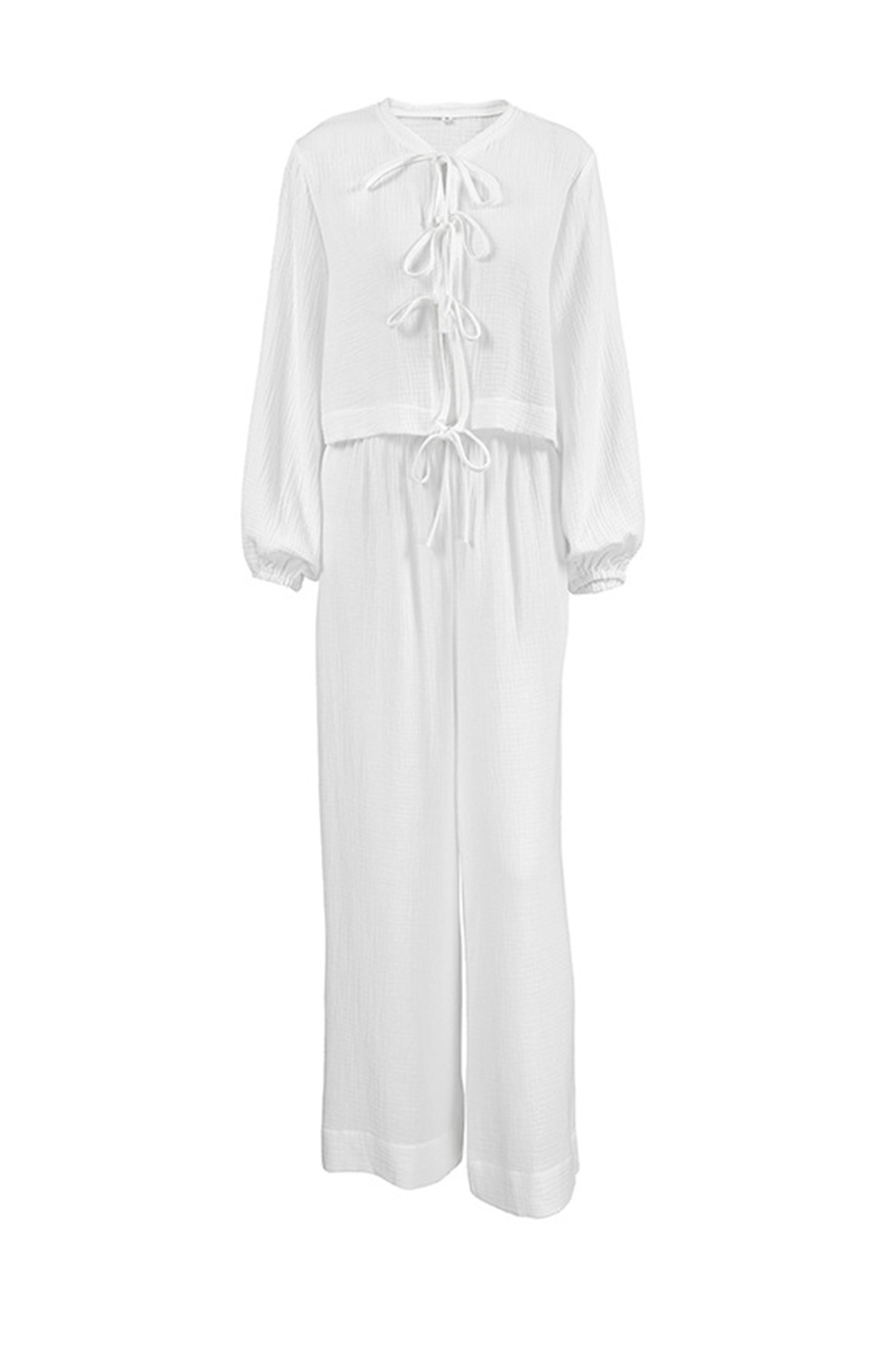 White Cotton Tie-up Shirt Long Pants Set
