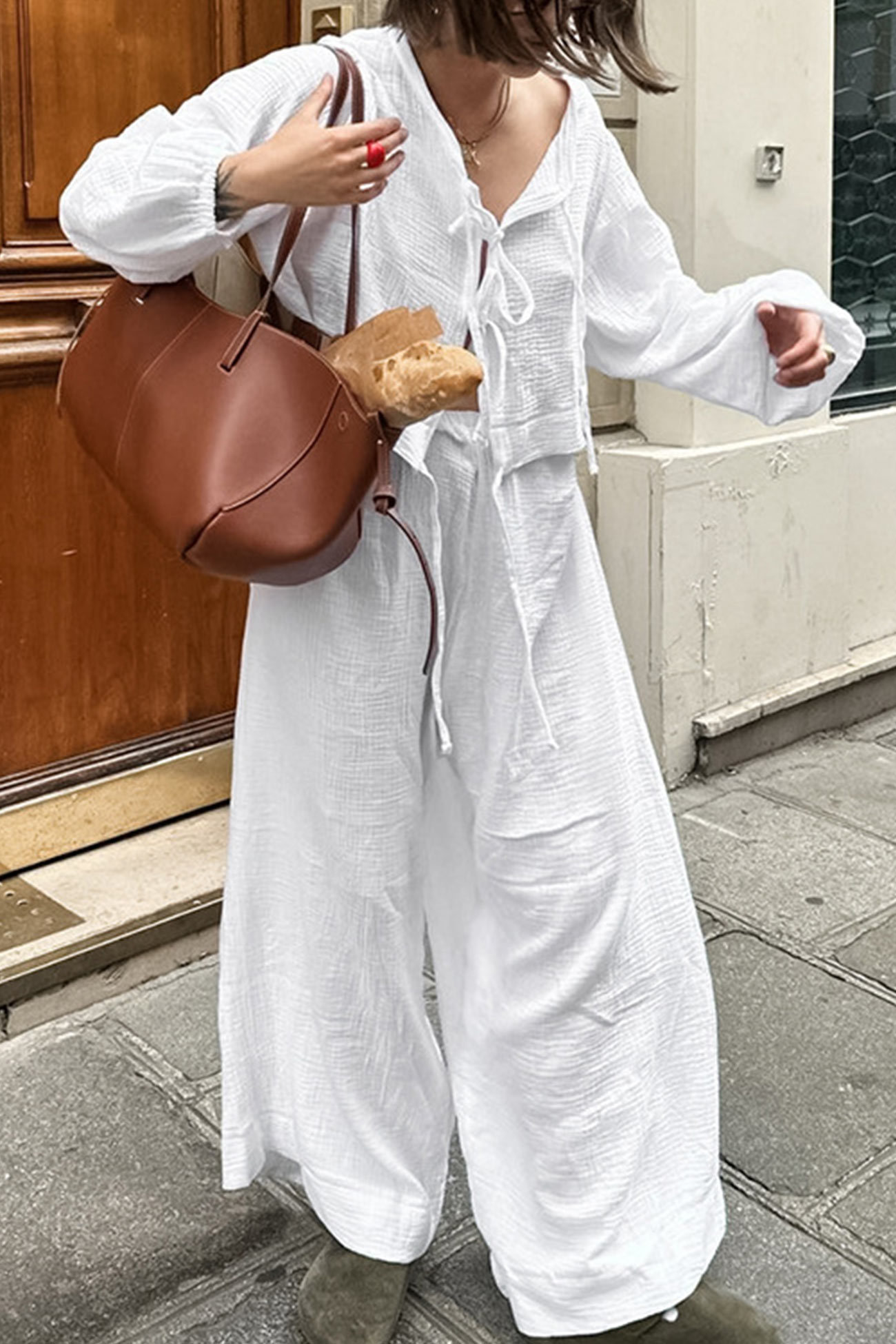 White Cotton Tie-up Shirt Long Pants Set