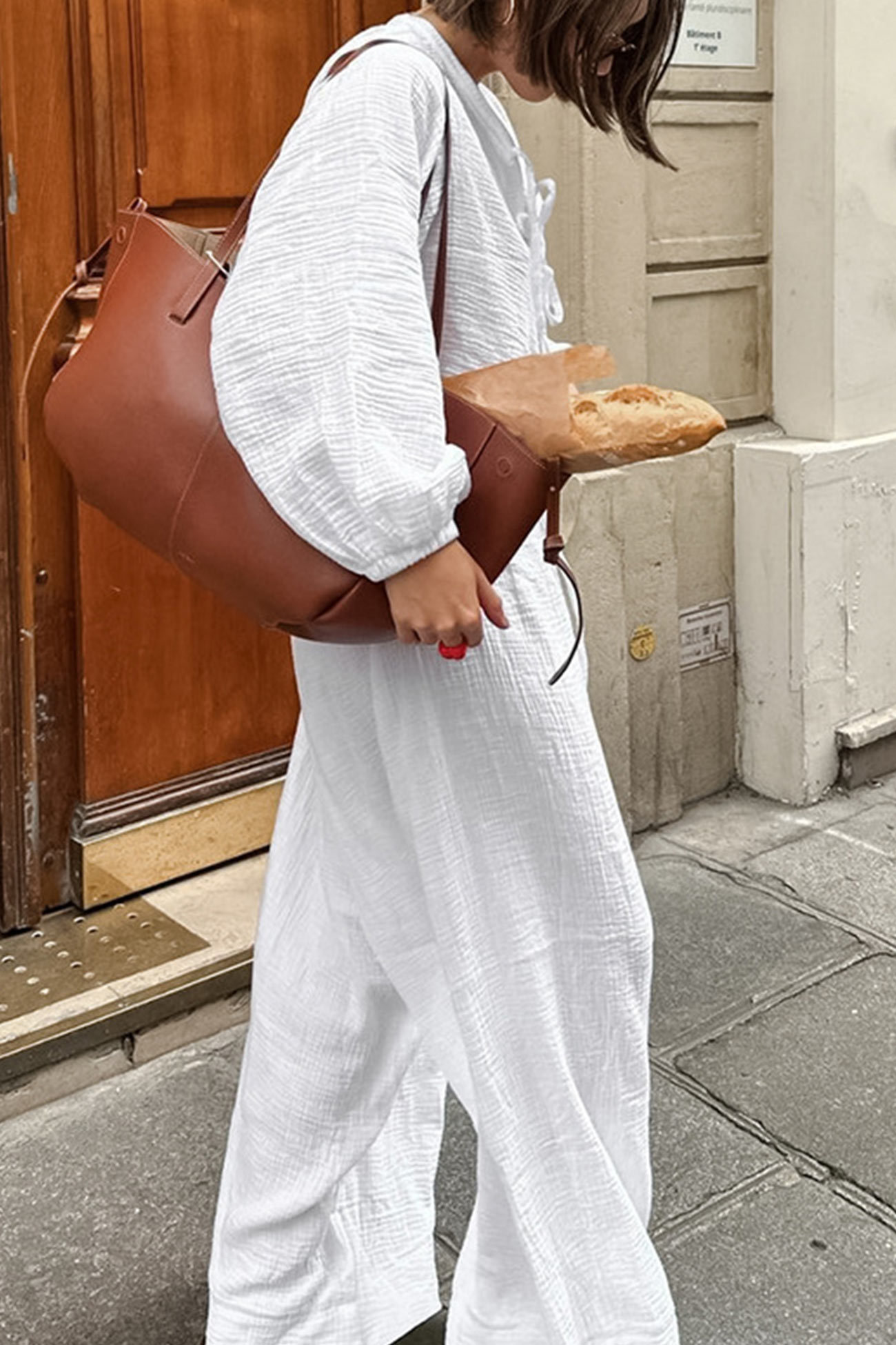 White Cotton Tie-up Shirt Long Pants Set
