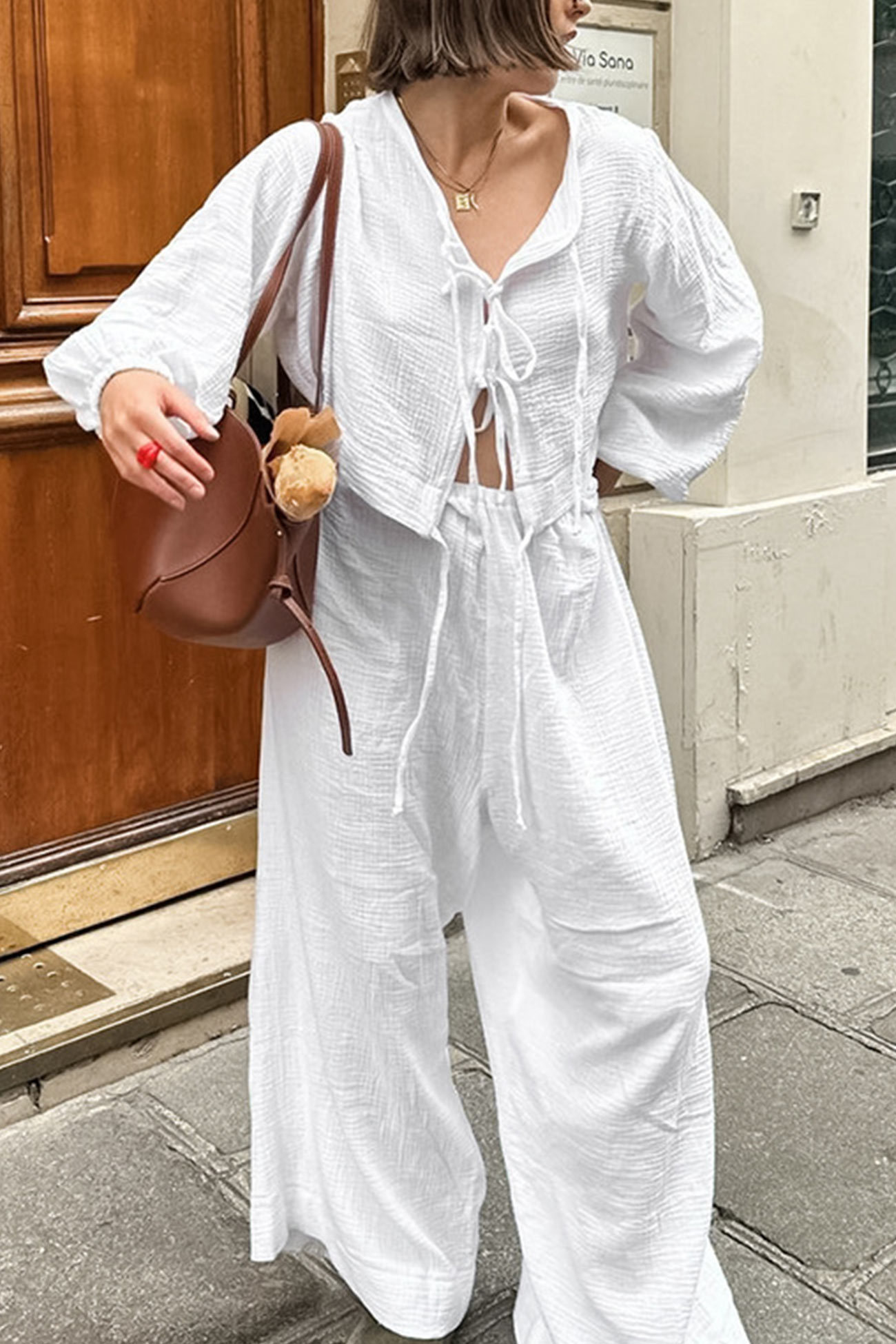 White Cotton Tie-up Shirt Long Pants Set