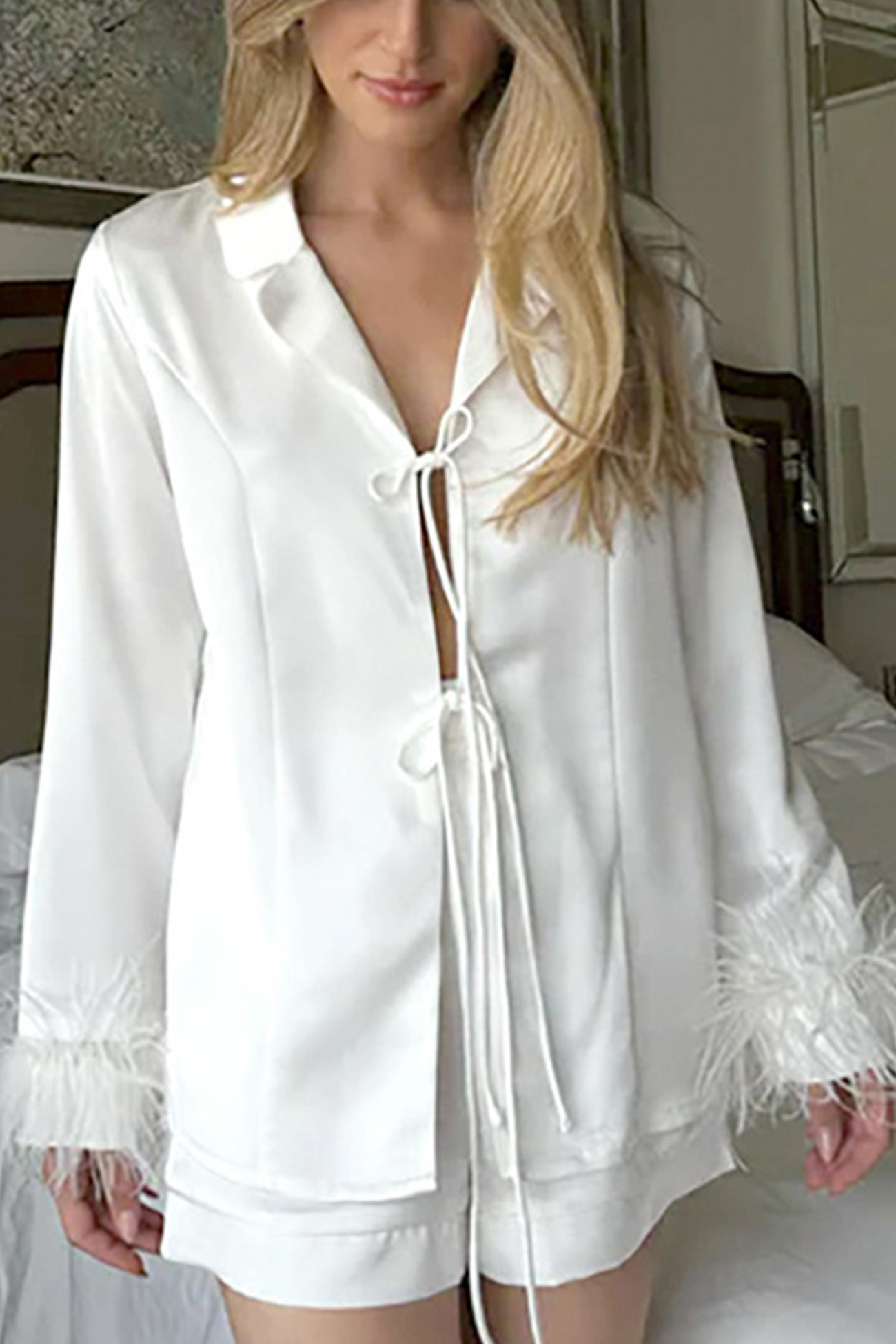 White Fuzzy Tie-up Shirt Shorts Set