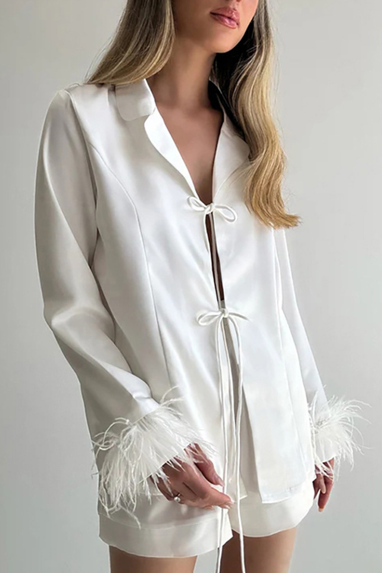White Fuzzy Tie-up Shirt Shorts Set