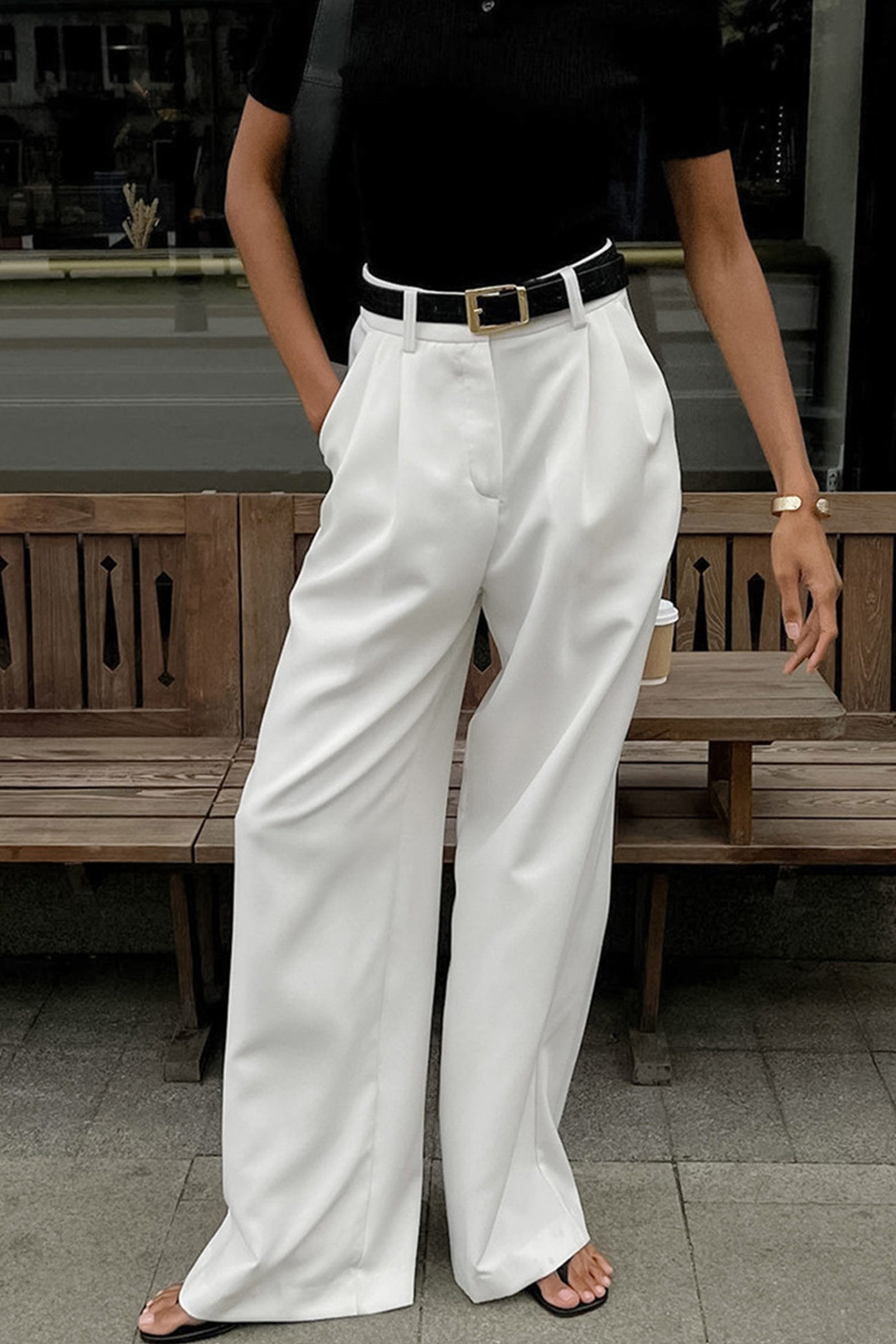 White High-rise Wide Leg Long Pants