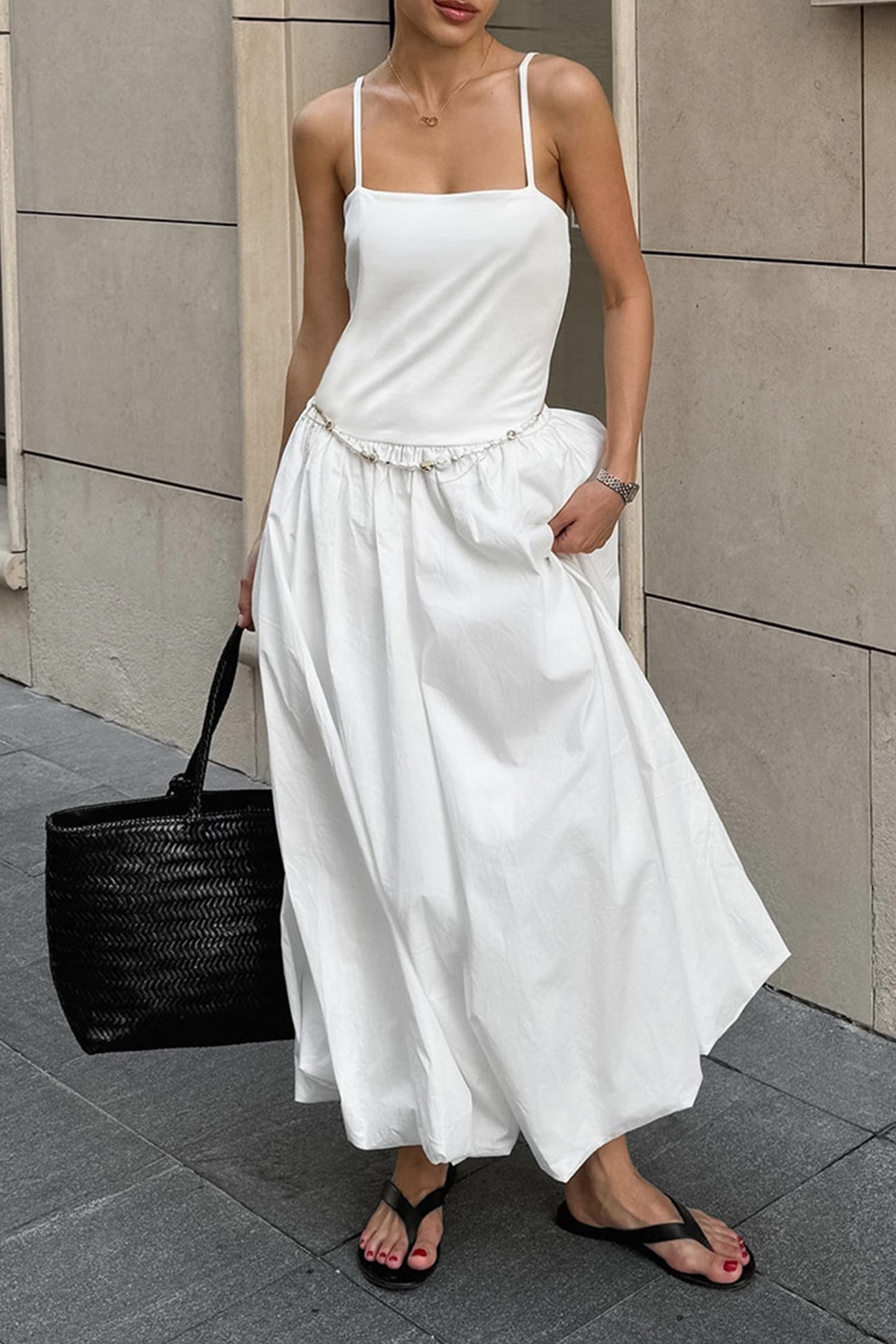 White Waisted Ballon Midi Dress