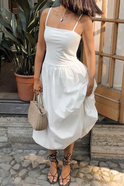 White Waisted Ballon Midi Dress