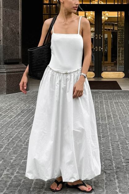 White Waisted Ballon Midi Dress