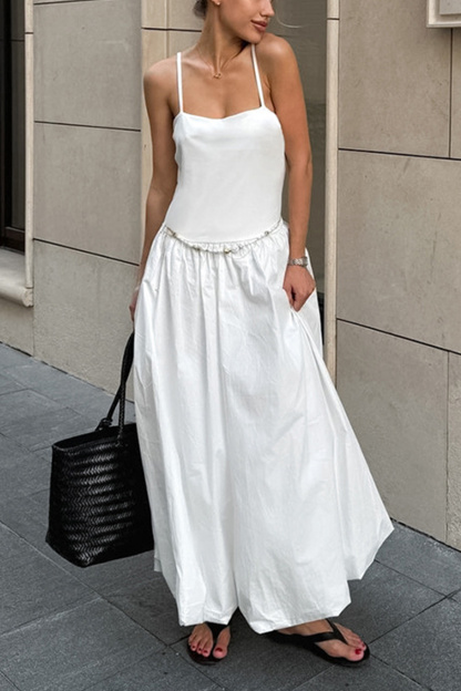 White Waisted Ballon Midi Dress