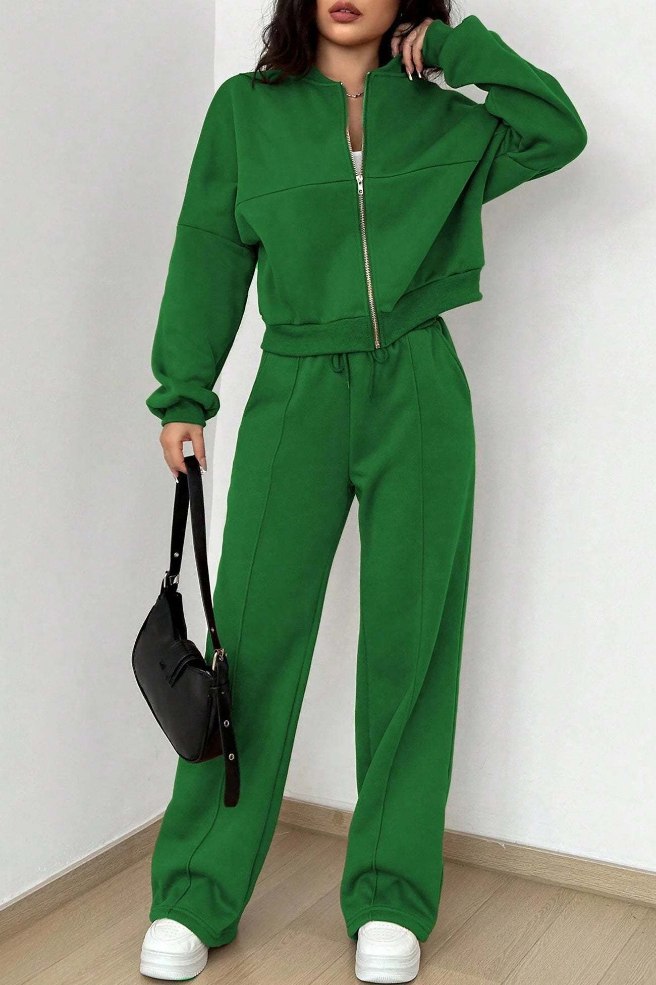 Zip-up Collarless Cardigan Sweatpants Set