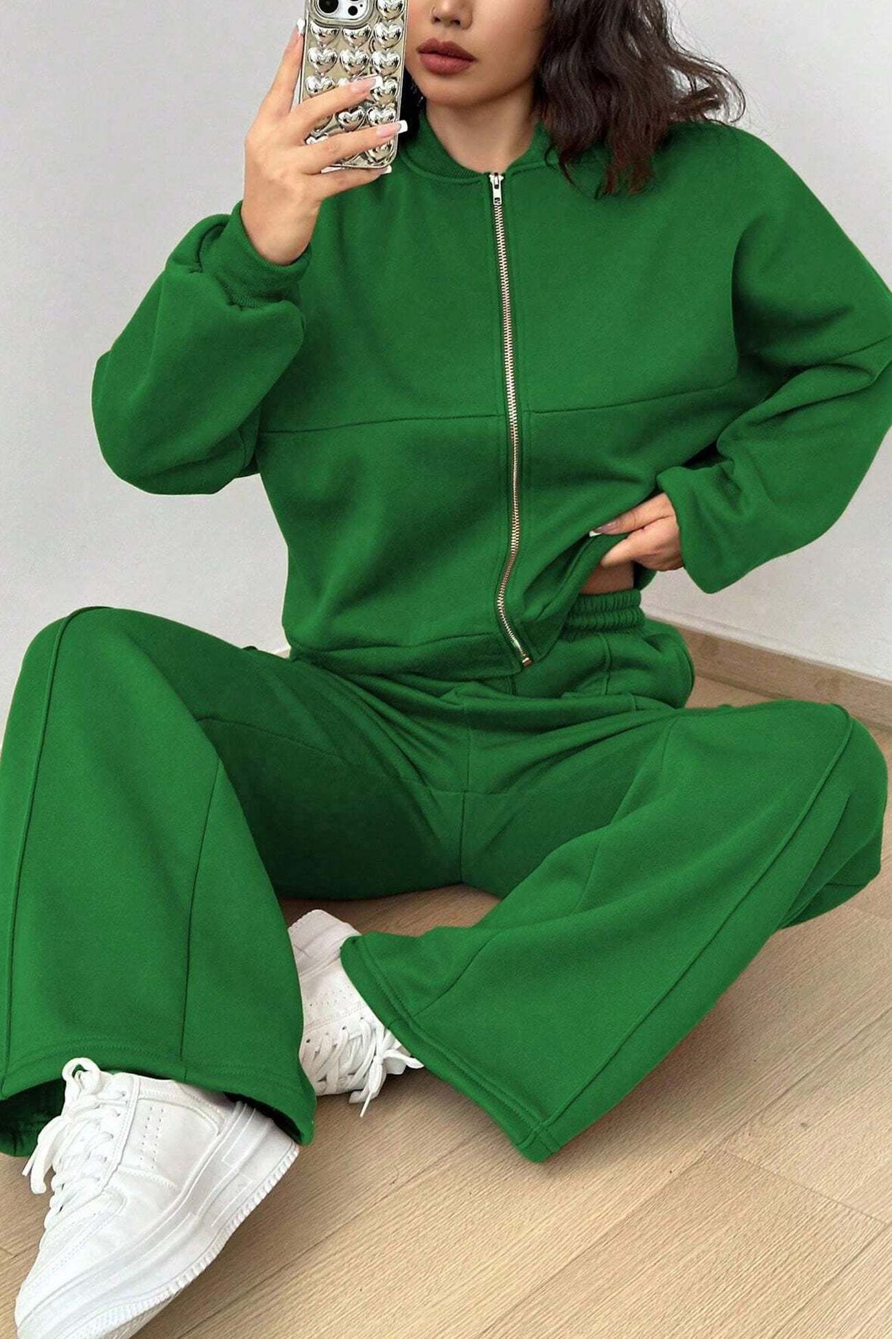 Zip-up Collarless Cardigan Sweatpants Set