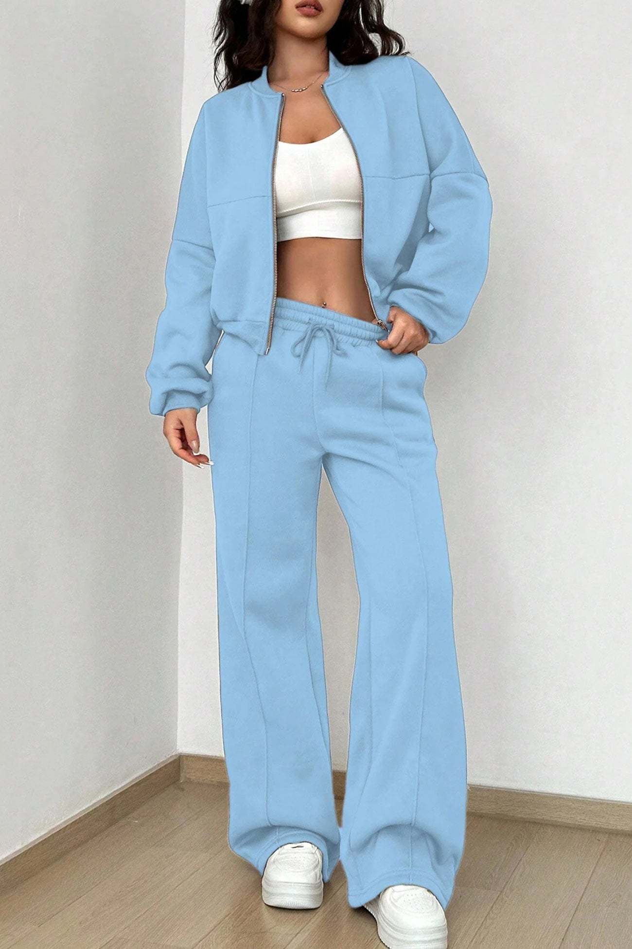 Zip-up Collarless Cardigan Sweatpants Set