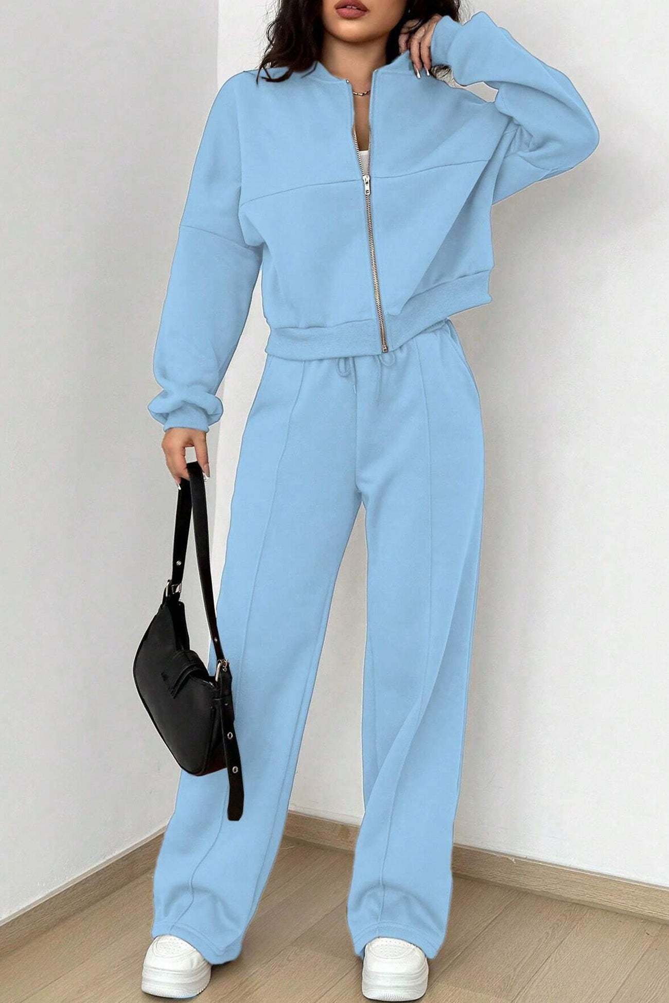 Zip-up Collarless Cardigan Sweatpants Set