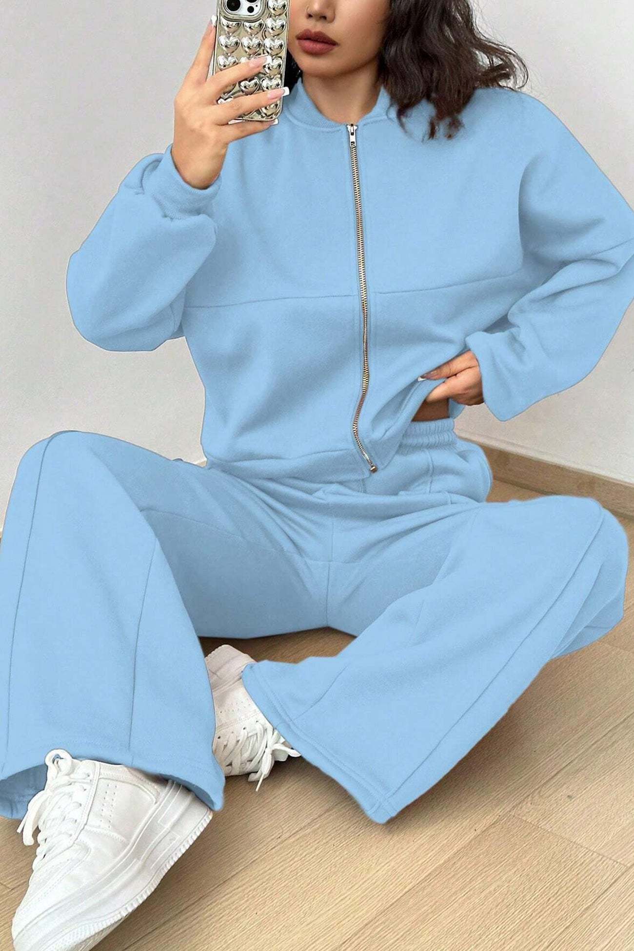 Zip-up Collarless Cardigan Sweatpants Set