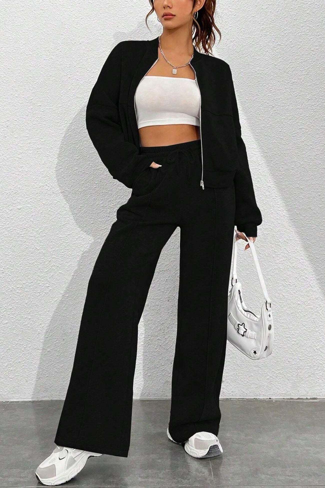 Zip-up Collarless Cardigan Sweatpants Set