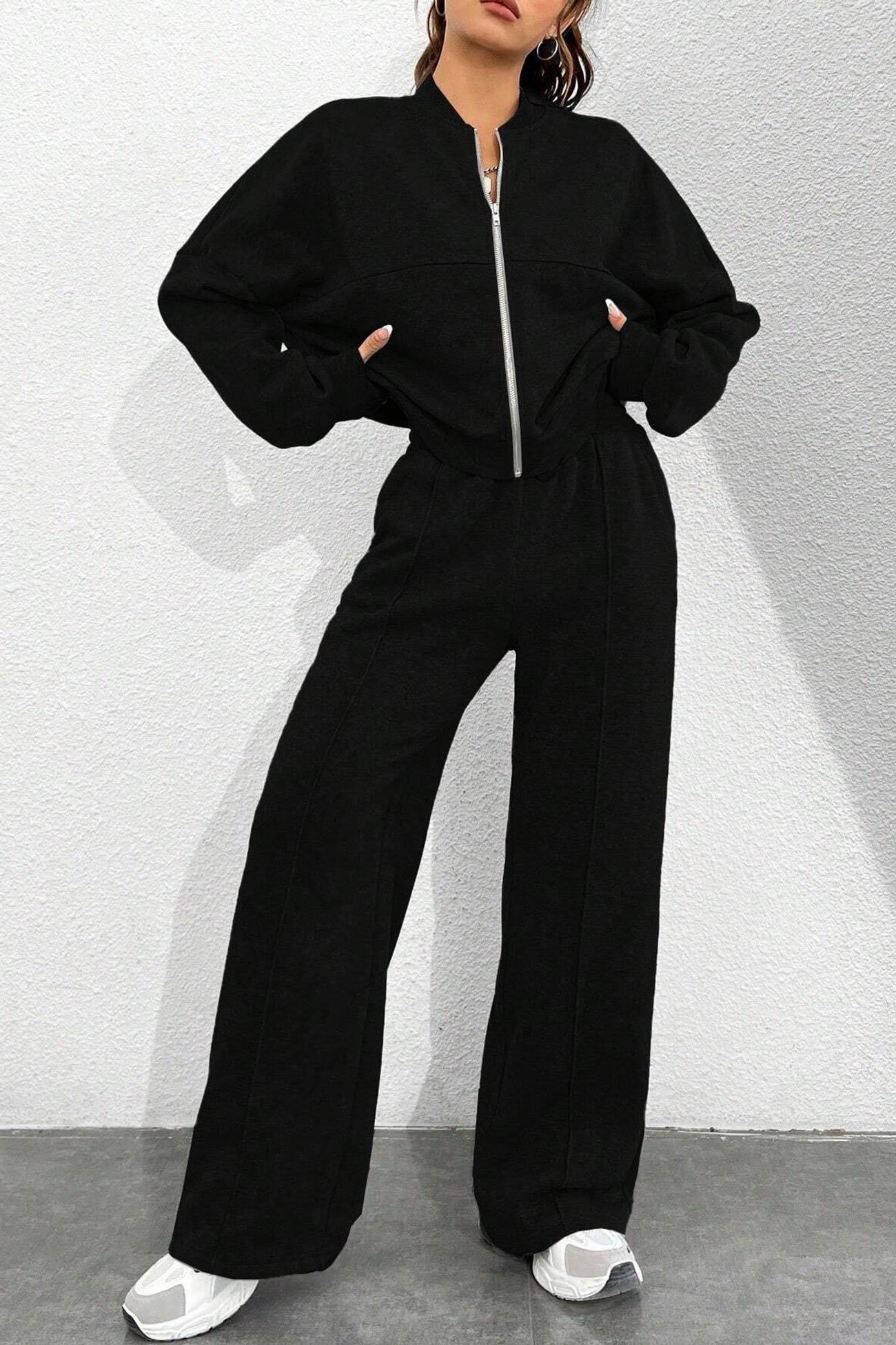 Zip-up Collarless Cardigan Sweatpants Set