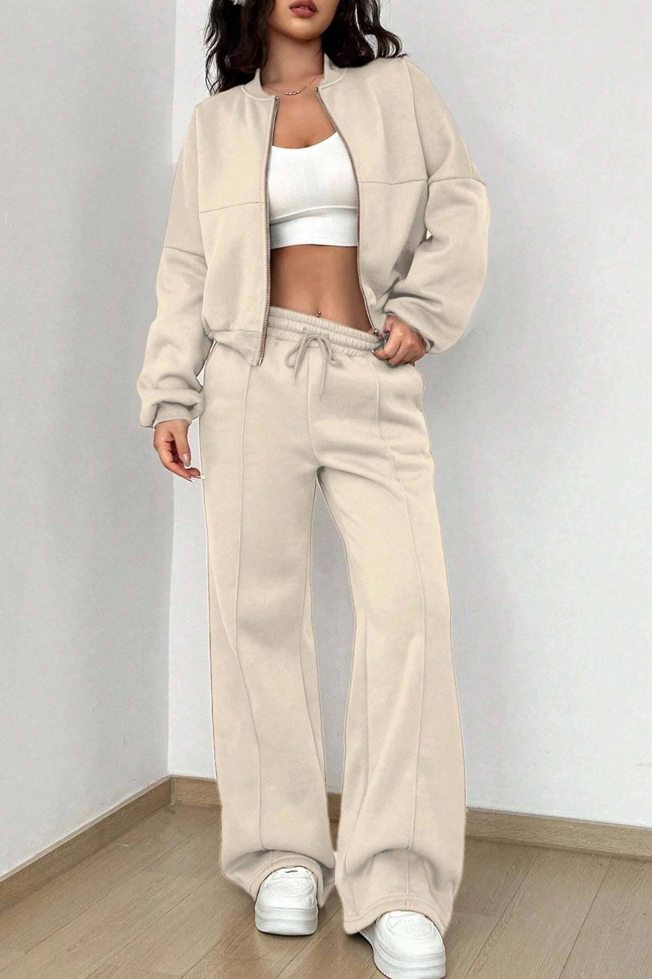 Zip-up Collarless Cardigan Sweatpants Set