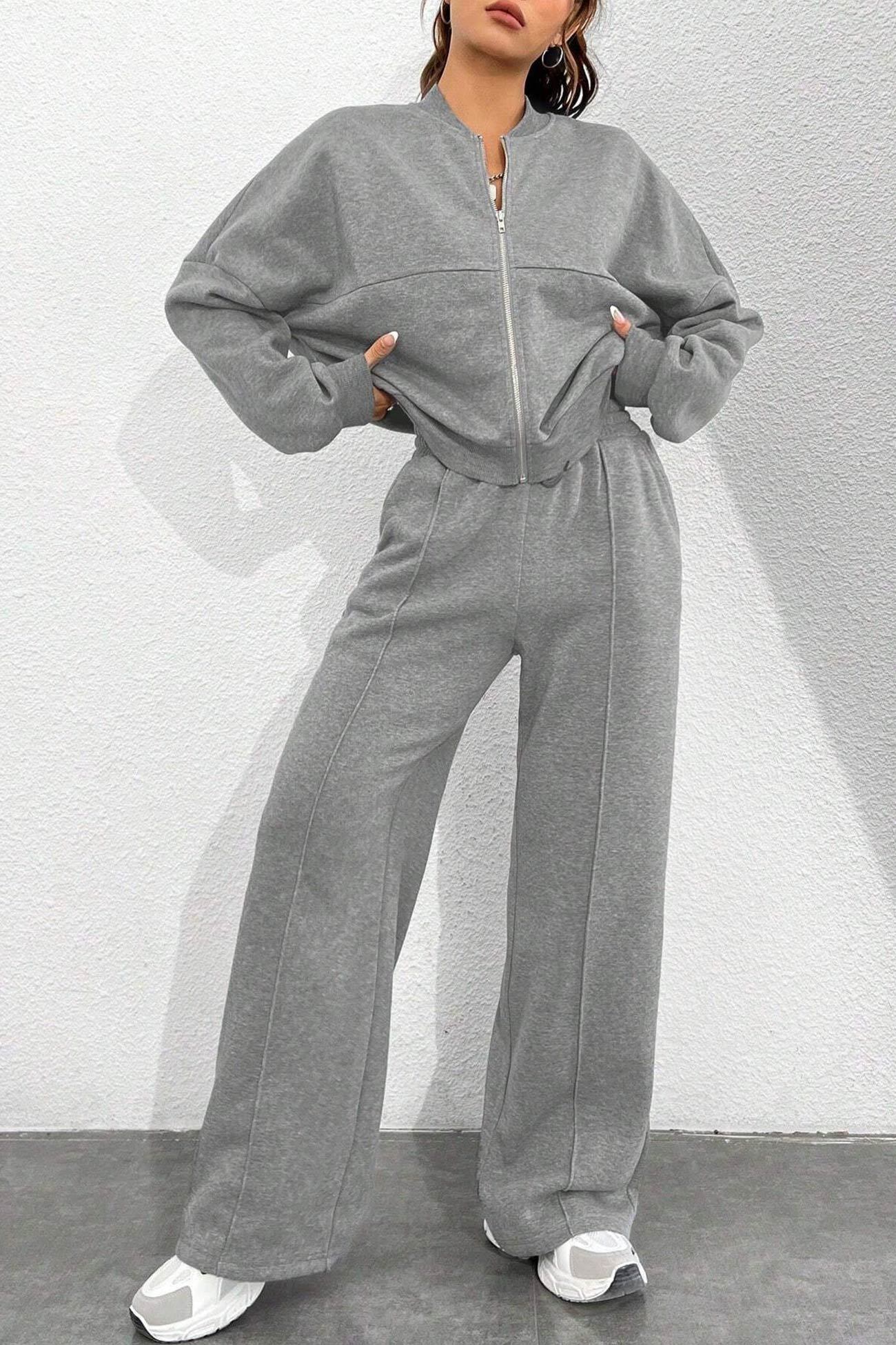 Zip-up Collarless Cardigan Sweatpants Set