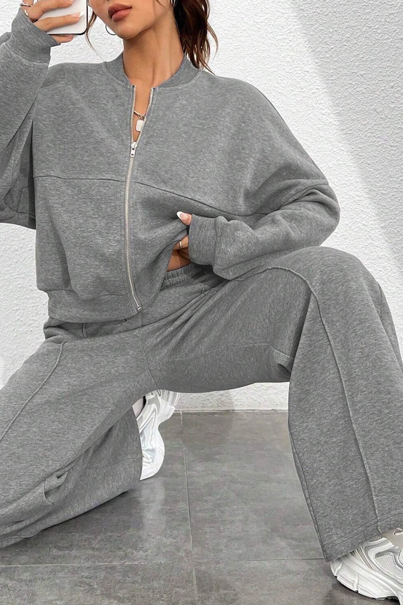 Zip-up Collarless Cardigan Sweatpants Set