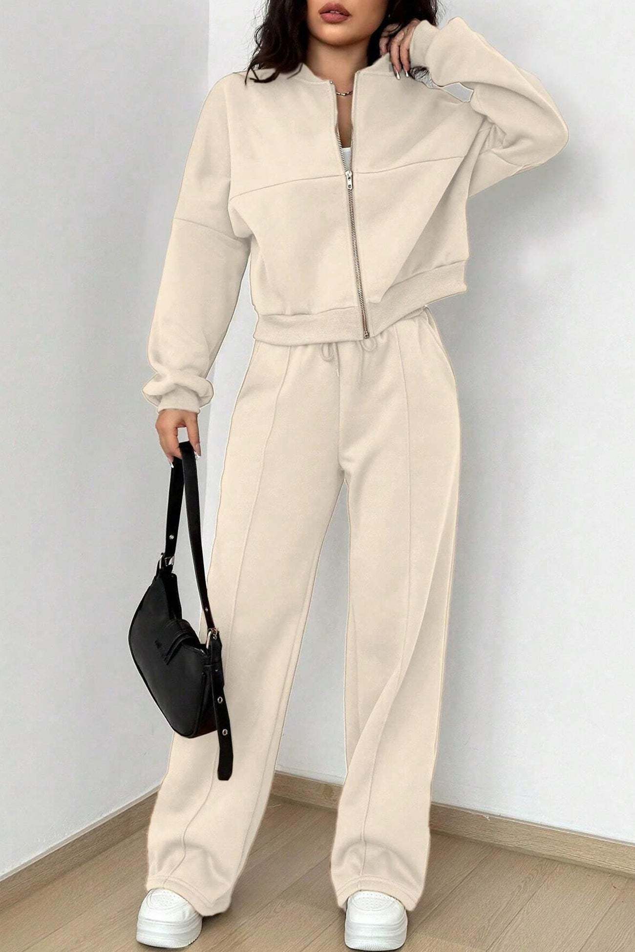 Zip-up Collarless Cardigan Sweatpants Set