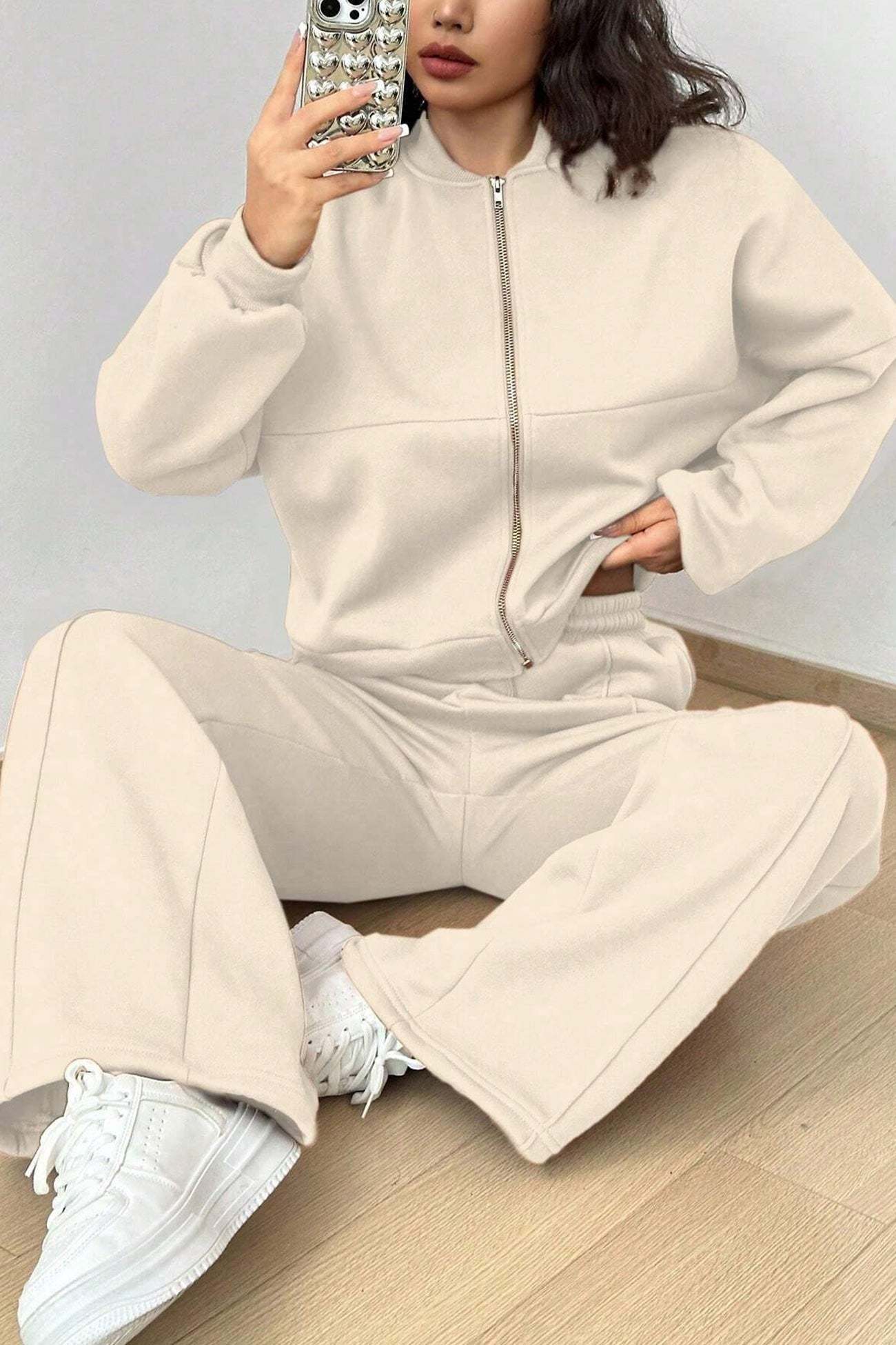 Zip-up Collarless Cardigan Sweatpants Set