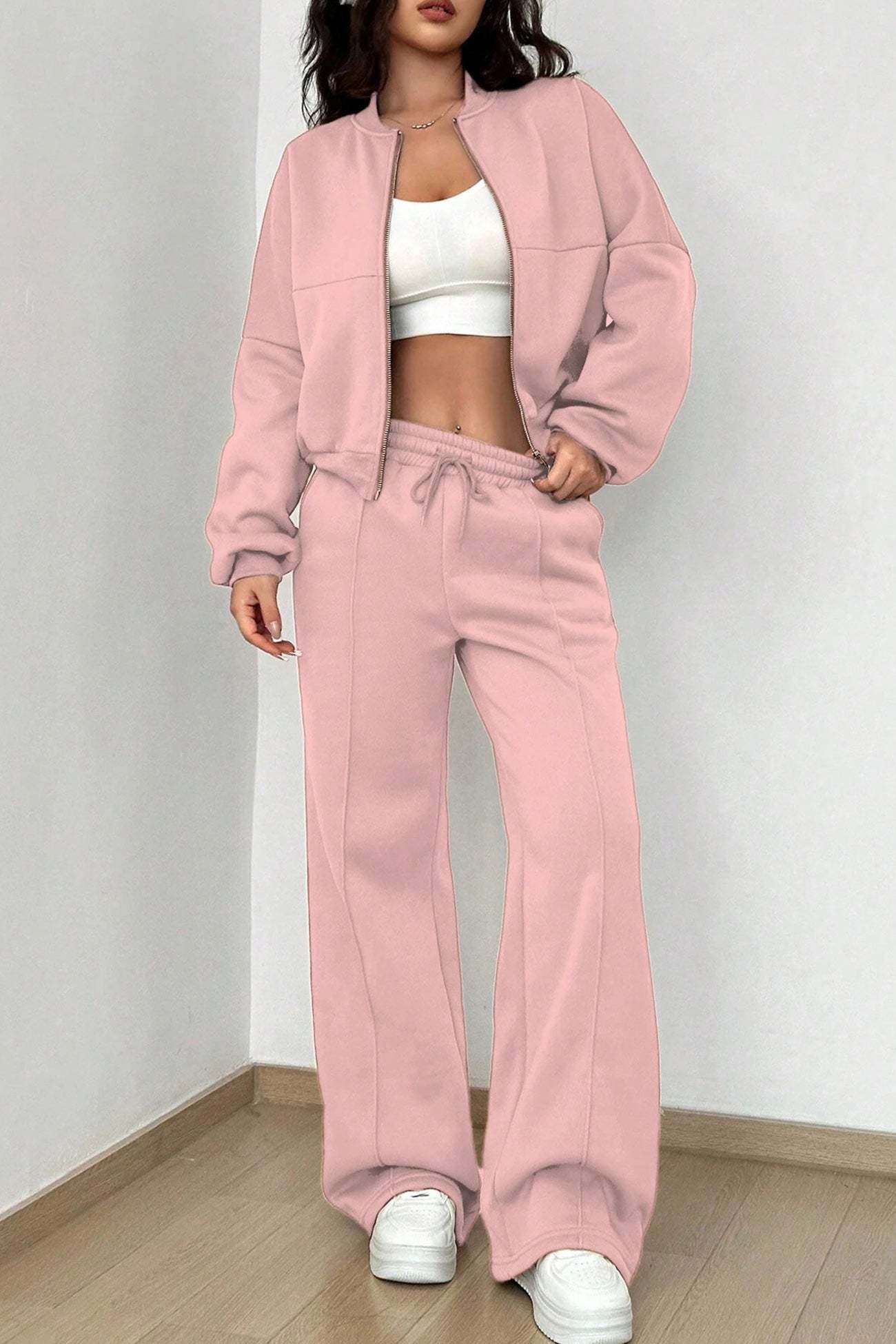Zip-up Collarless Cardigan Sweatpants Set