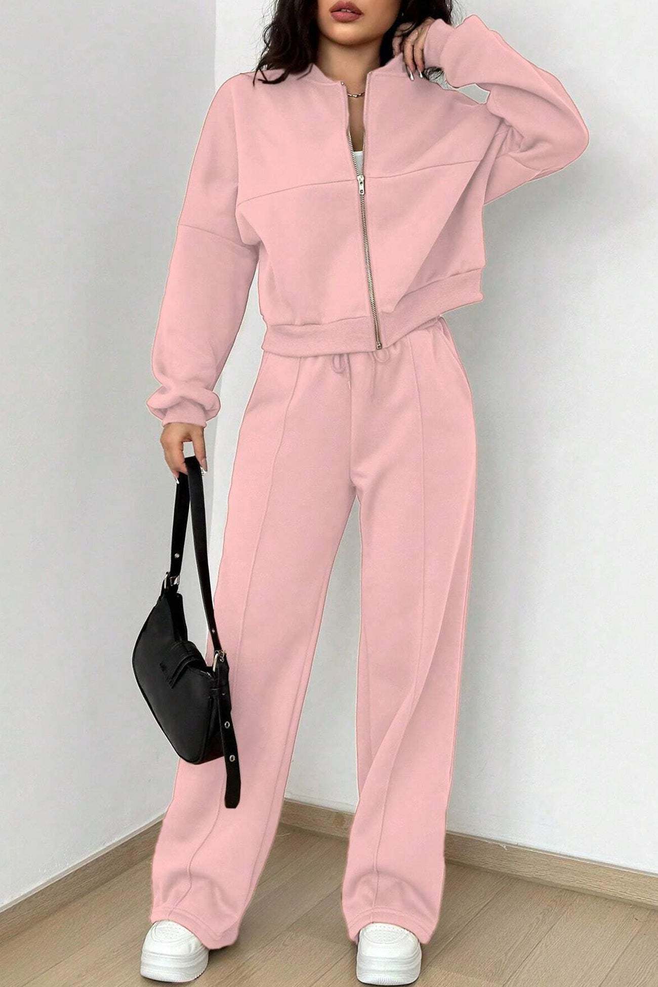 Zip-up Collarless Cardigan Sweatpants Set