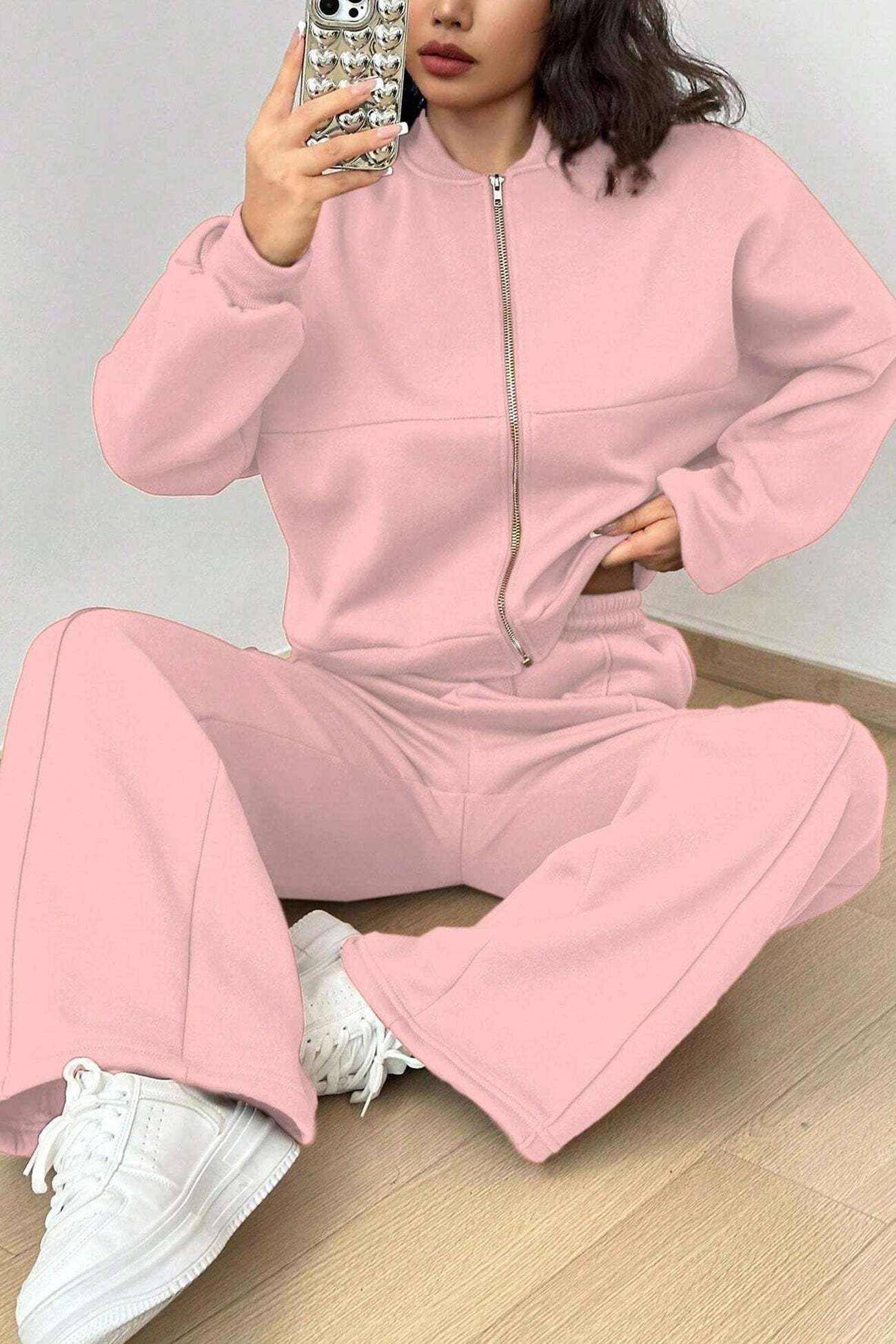 Zip-up Collarless Cardigan Sweatpants Set