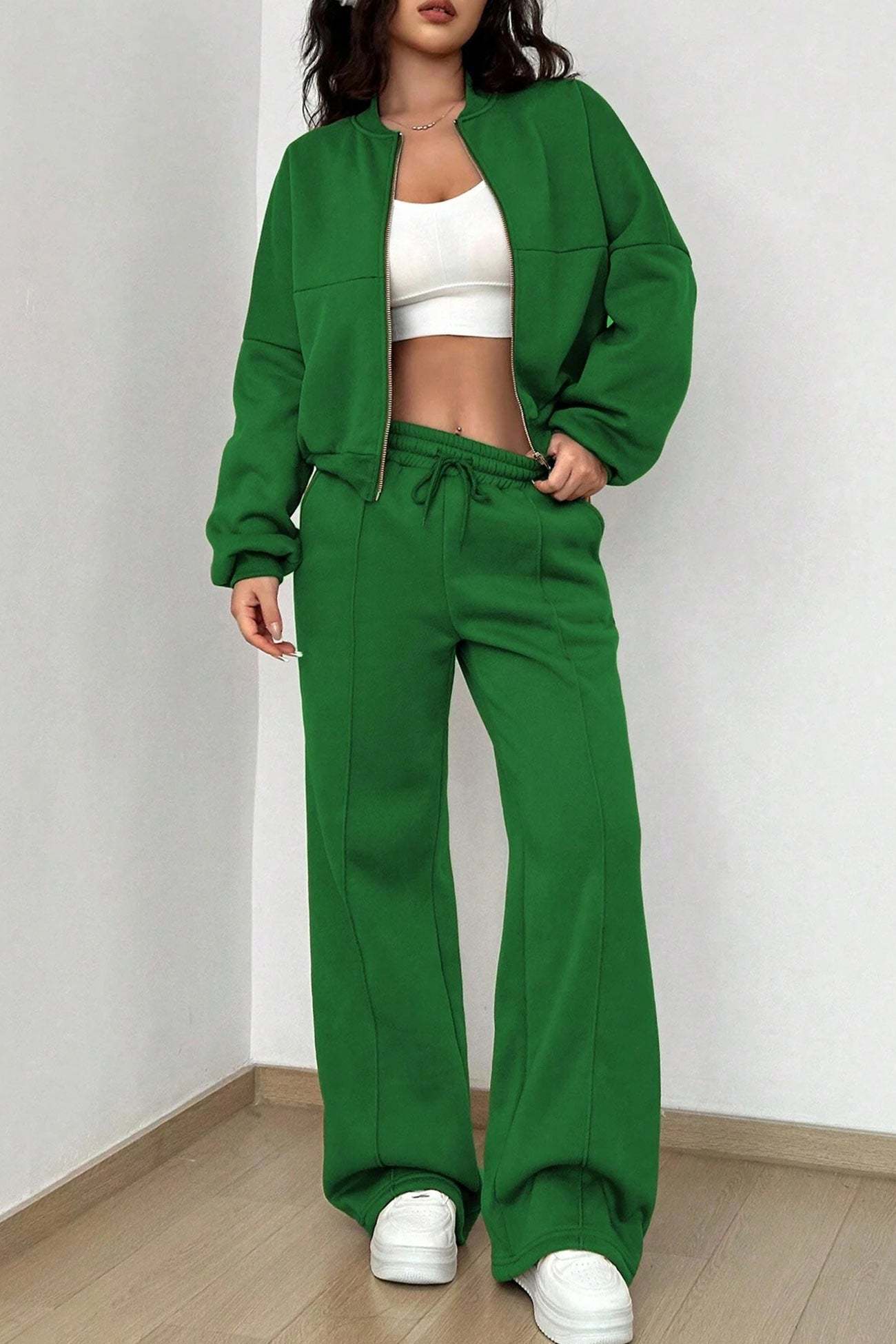 Zip-up Collarless Cardigan Sweatpants Set