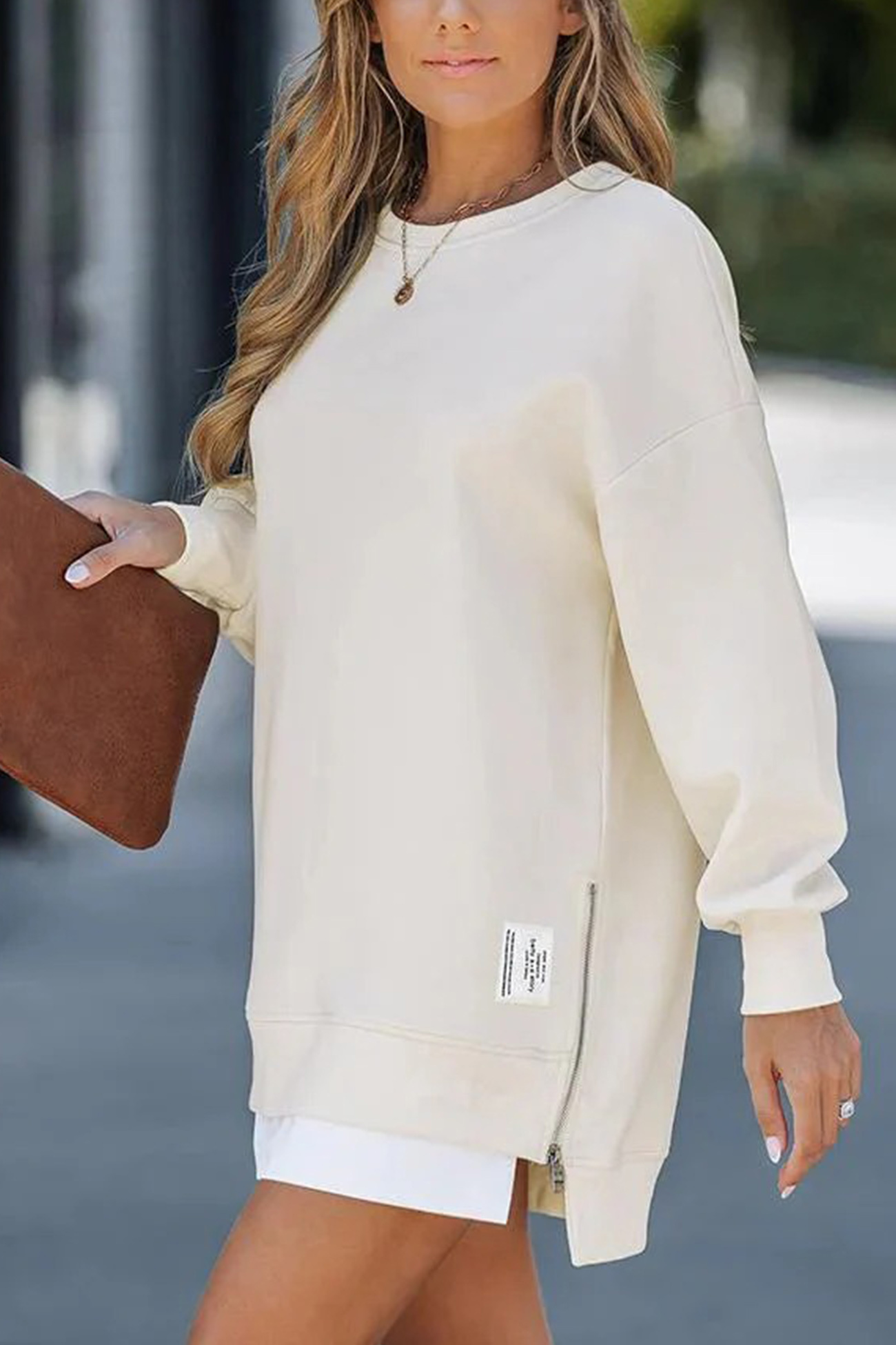 Zip-up Slit Hem Fake Two-piece Sweatshirt