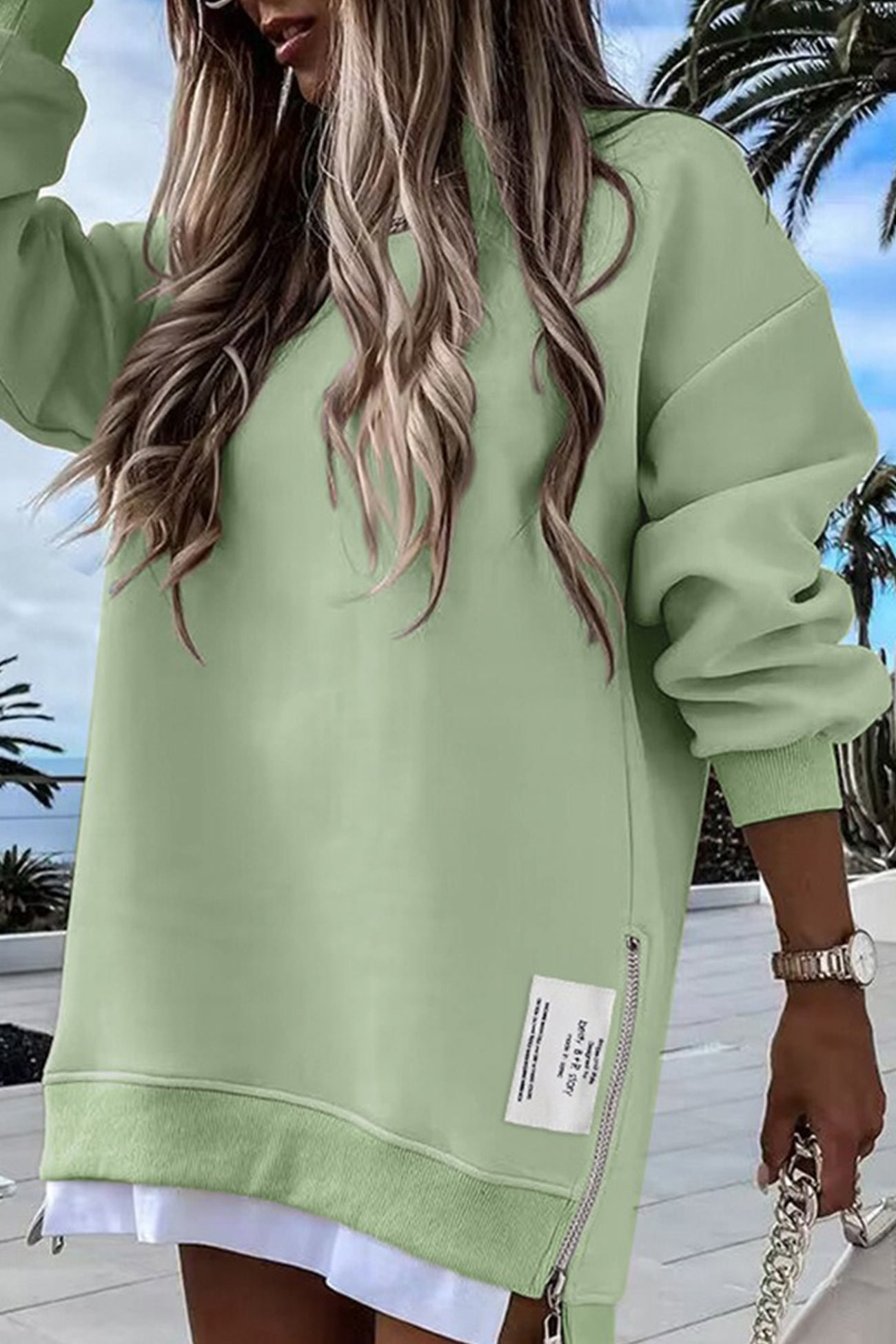 Zip-up Slit Hem Fake Two-piece Sweatshirt
