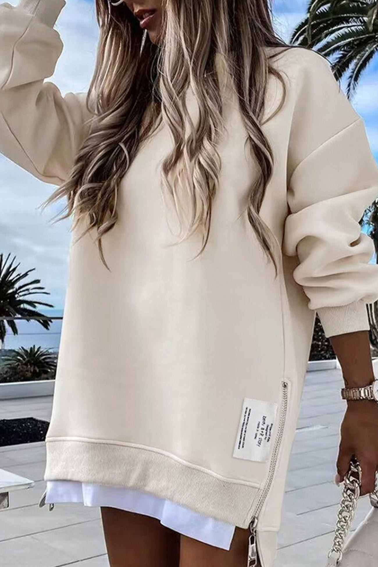 Zip-up Slit Hem Fake Two-piece Sweatshirt