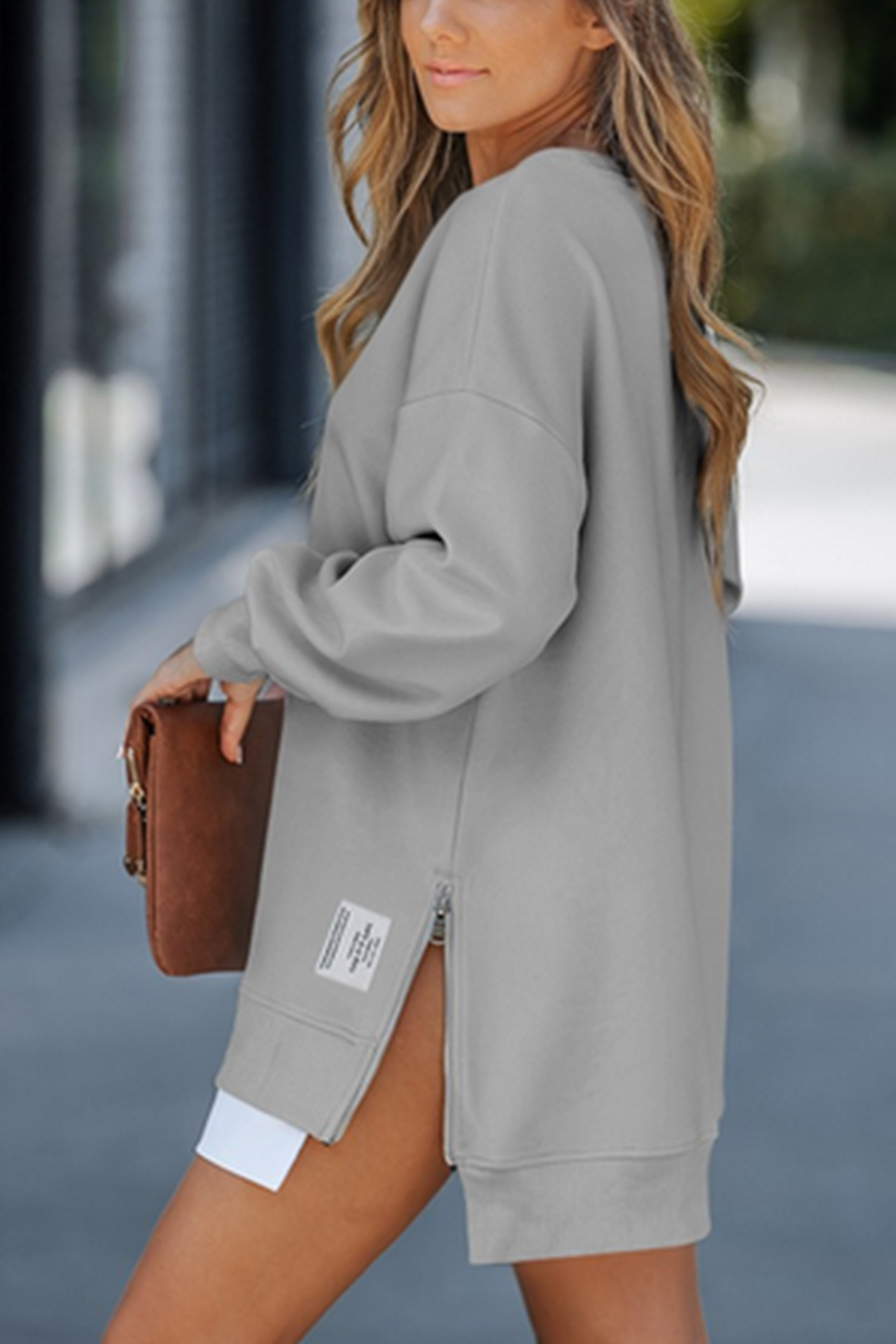 Zip-up Slit Hem Fake Two-piece Sweatshirt