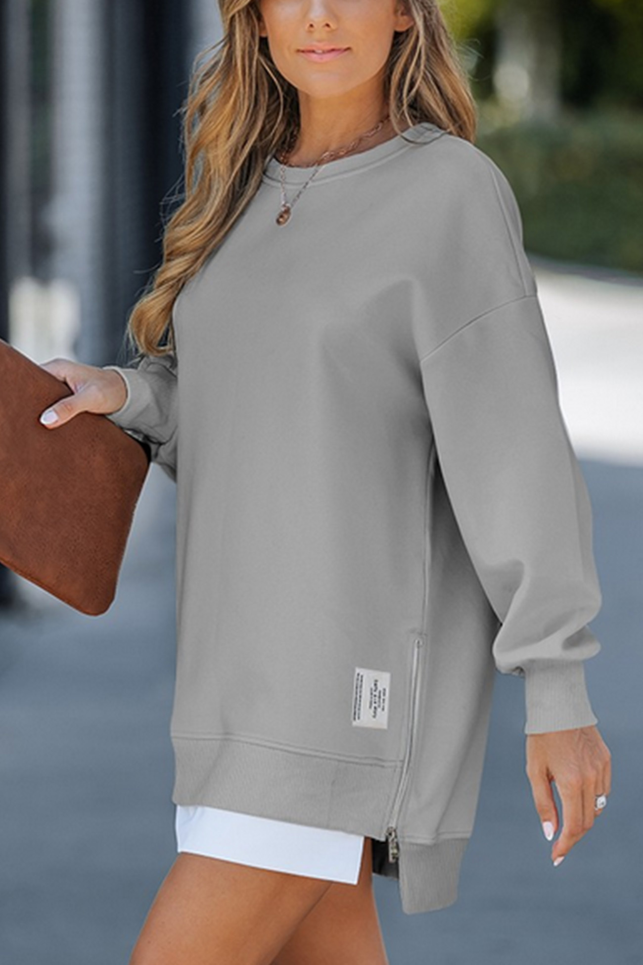 Zip-up Slit Hem Fake Two-piece Sweatshirt