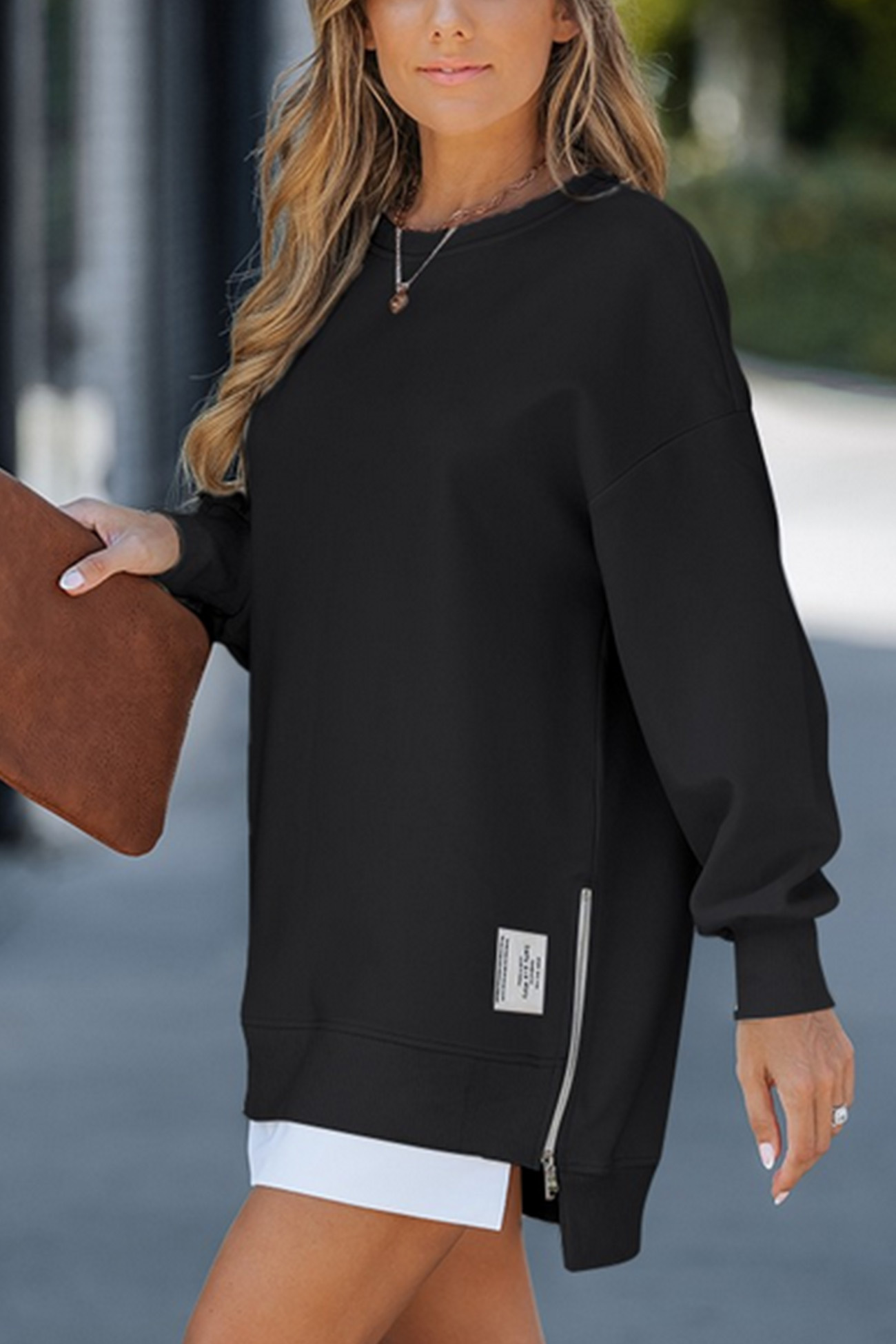 Zip-up Slit Hem Fake Two-piece Sweatshirt
